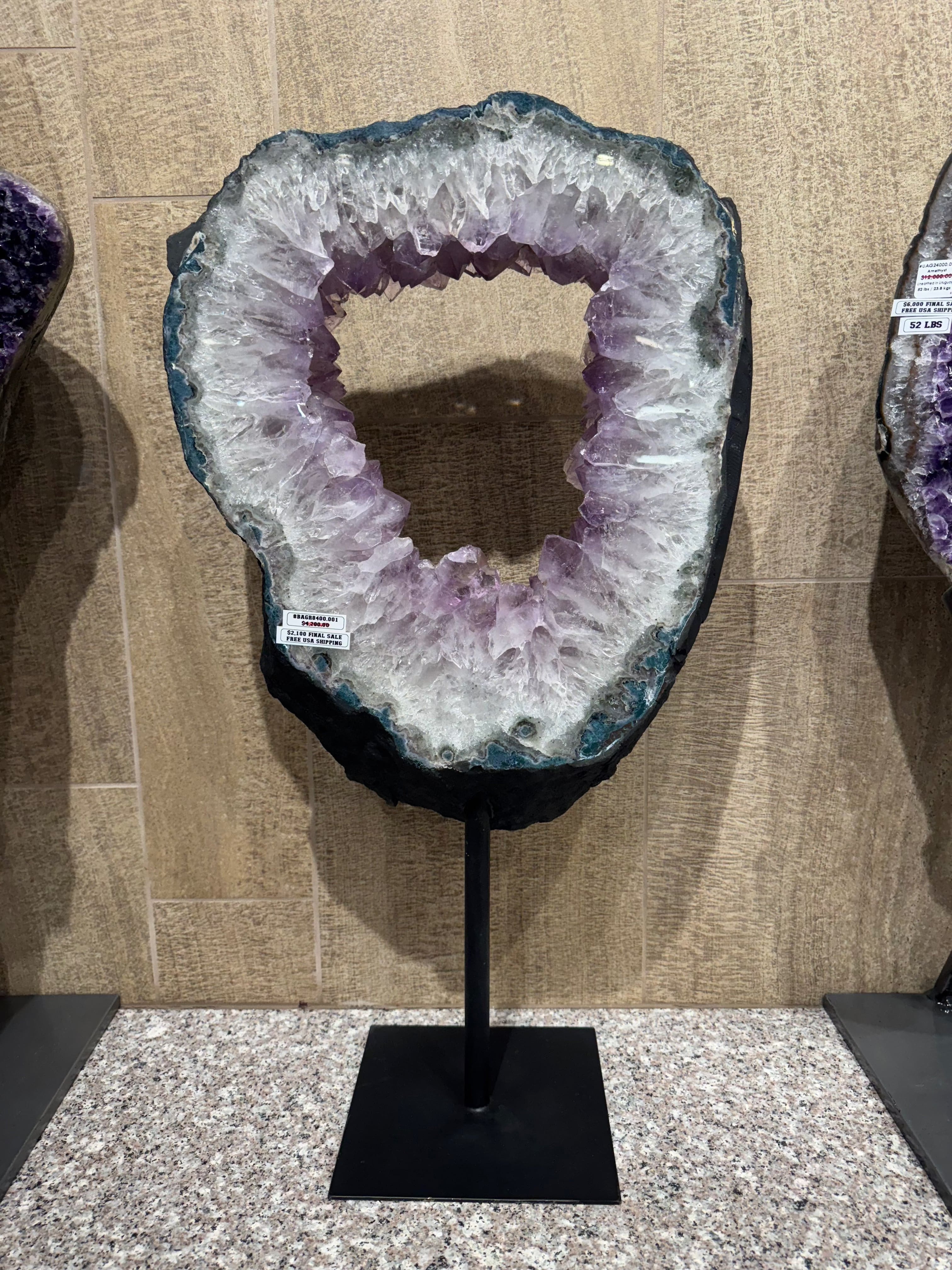 Natural Amethyst Geode Slice Ring from Brazil - Handcrafted Jewelry on Custom Stand (29-37 lbs) - Perfect for Home Decor, Meditation & Healing Crystals