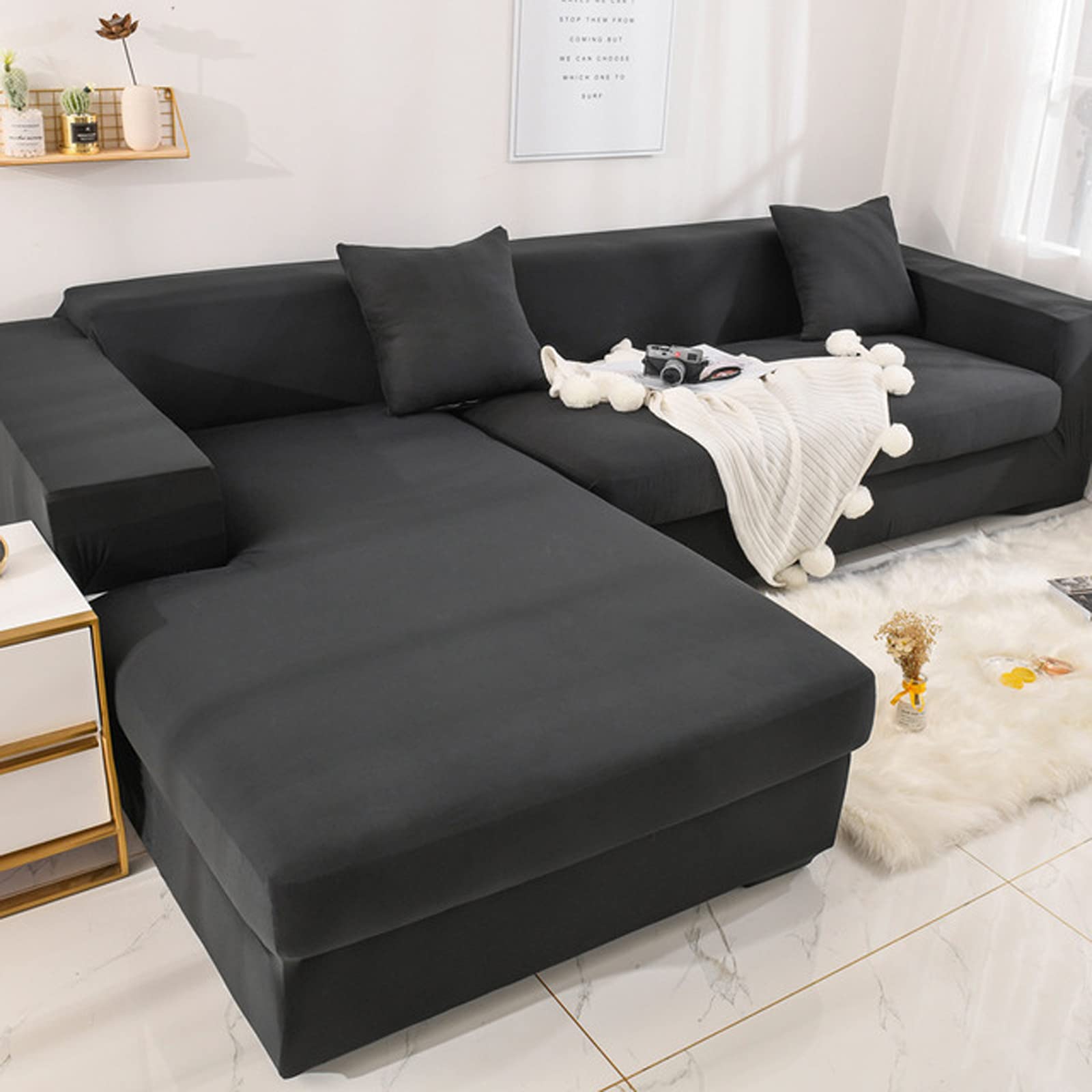 Stretchable L-Shaped Sectional Sofa Cover for 2/3/4 Seat Couches - Anti-Slip Furniture Protector & Sofa Slipcover (Black, 3+4 Seat) - Perfect for Living Room, Family Room & Home Theater Comfort