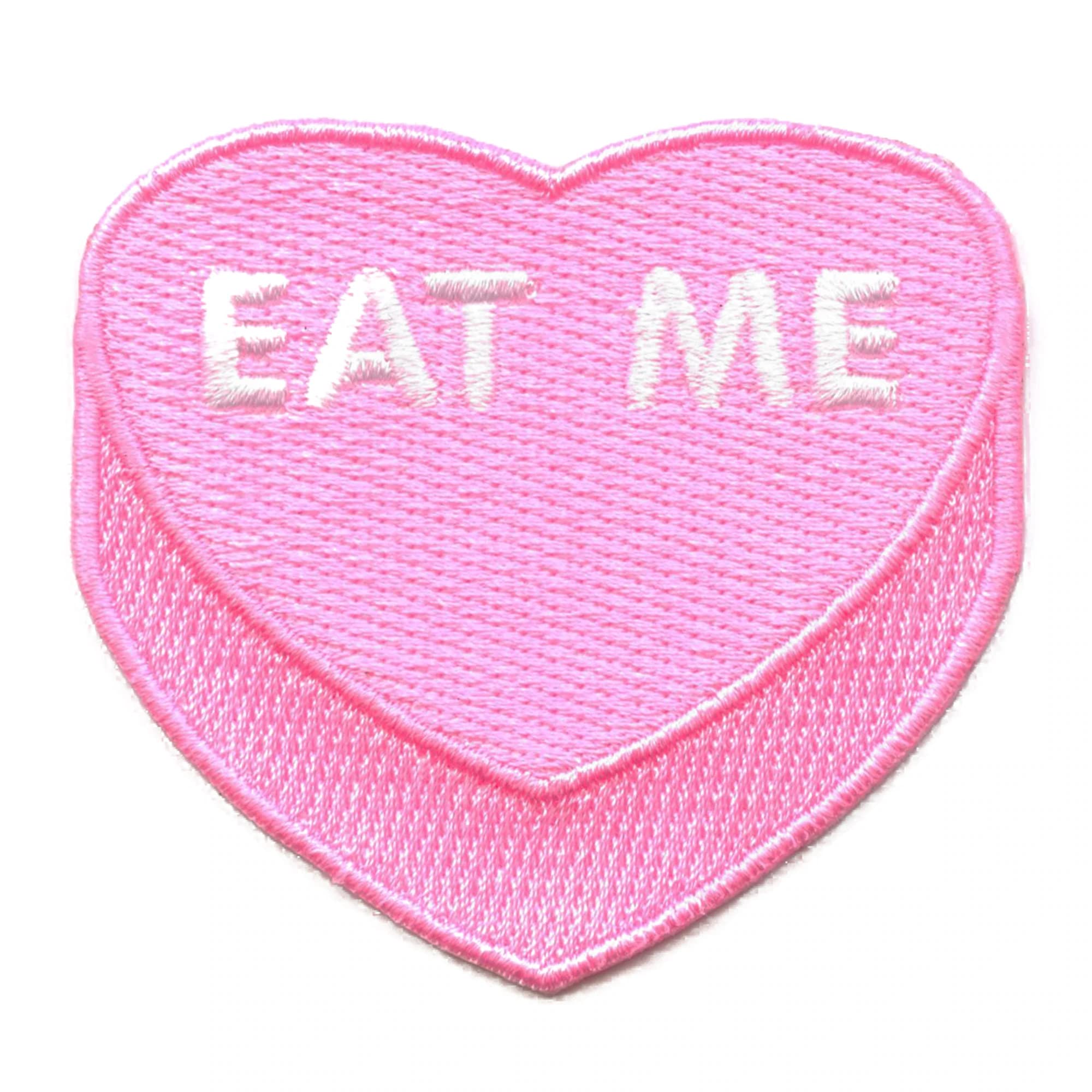 Eat Me Candy Heart Patch - Pink Embroidered Iron-On Applique for DIY Clothing, Bags & Accessories | Perfect for Valentine's Day, Gifts & Craft Projects