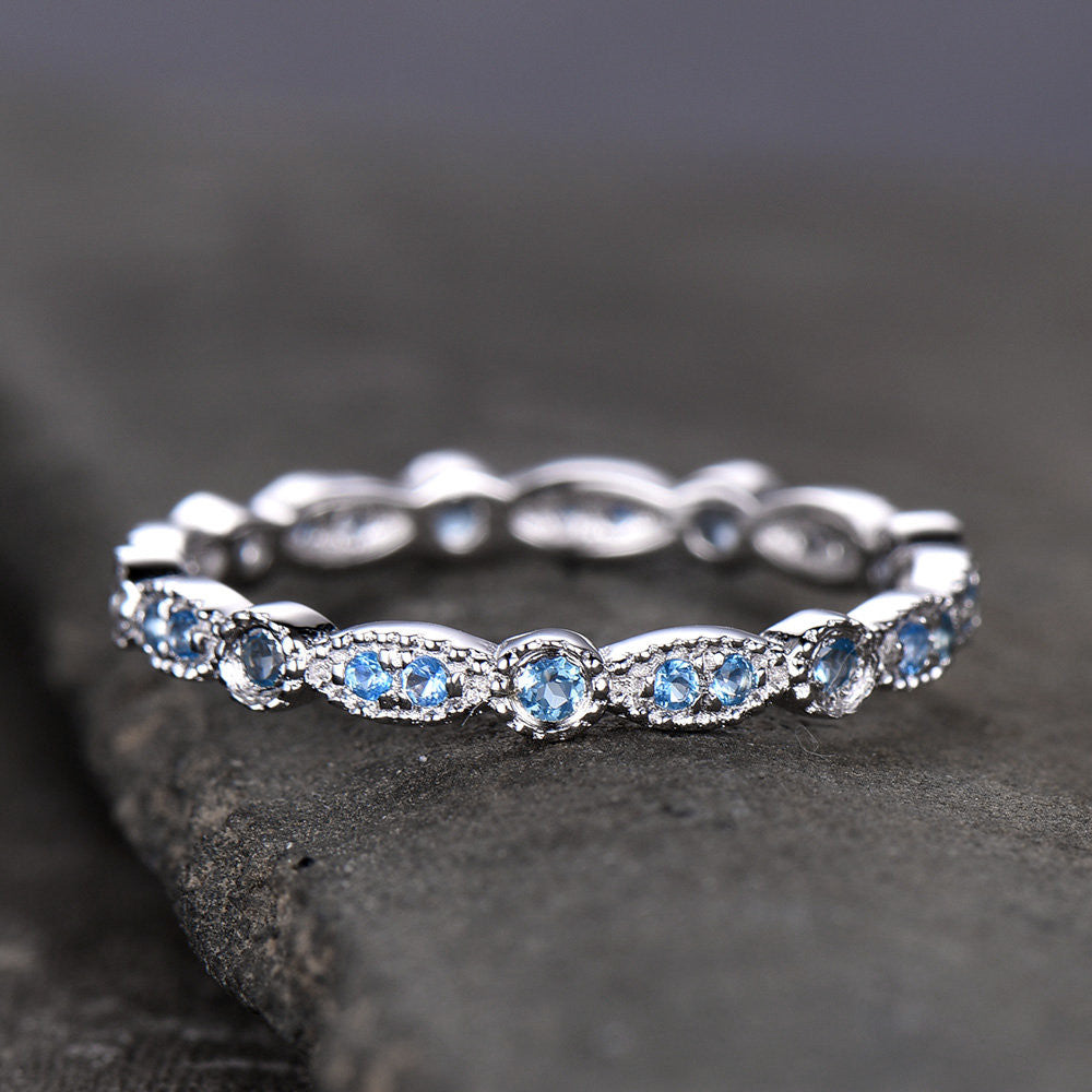 14k/18k White Gold Eternity Topaz Wedding Band with Milgrain Detailing - Perfect for Engagement Rings, Anniversary Gifts & Bridal Jewelry