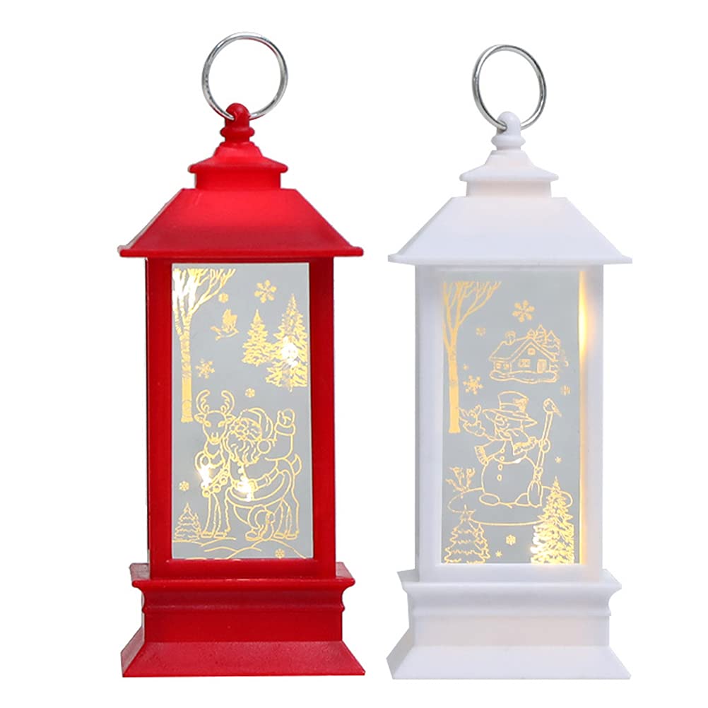 LUOZZY 2 Pack Christmas LED Lantern with Mirror Pattern - Battery Operated Flameless Oil Lamp Decor for Holiday, Home, Party & Outdoor Decorations