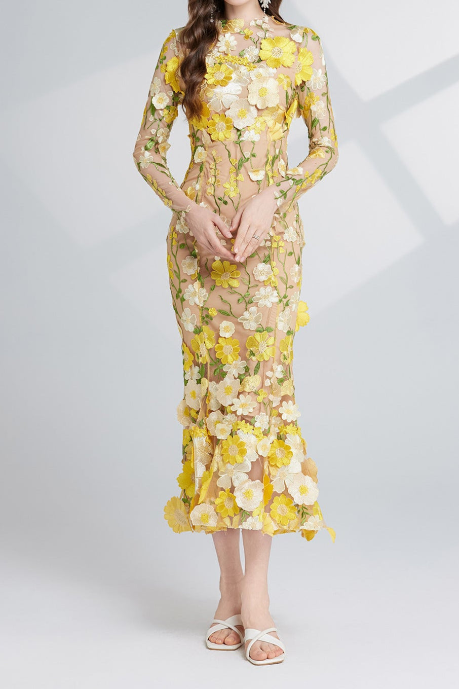 Carol Yellow Floral Embroidered Mesh Long Sleeve Midi Dress - Perfect for Spring Weddings, Garden Parties & Boho Chic Outfits