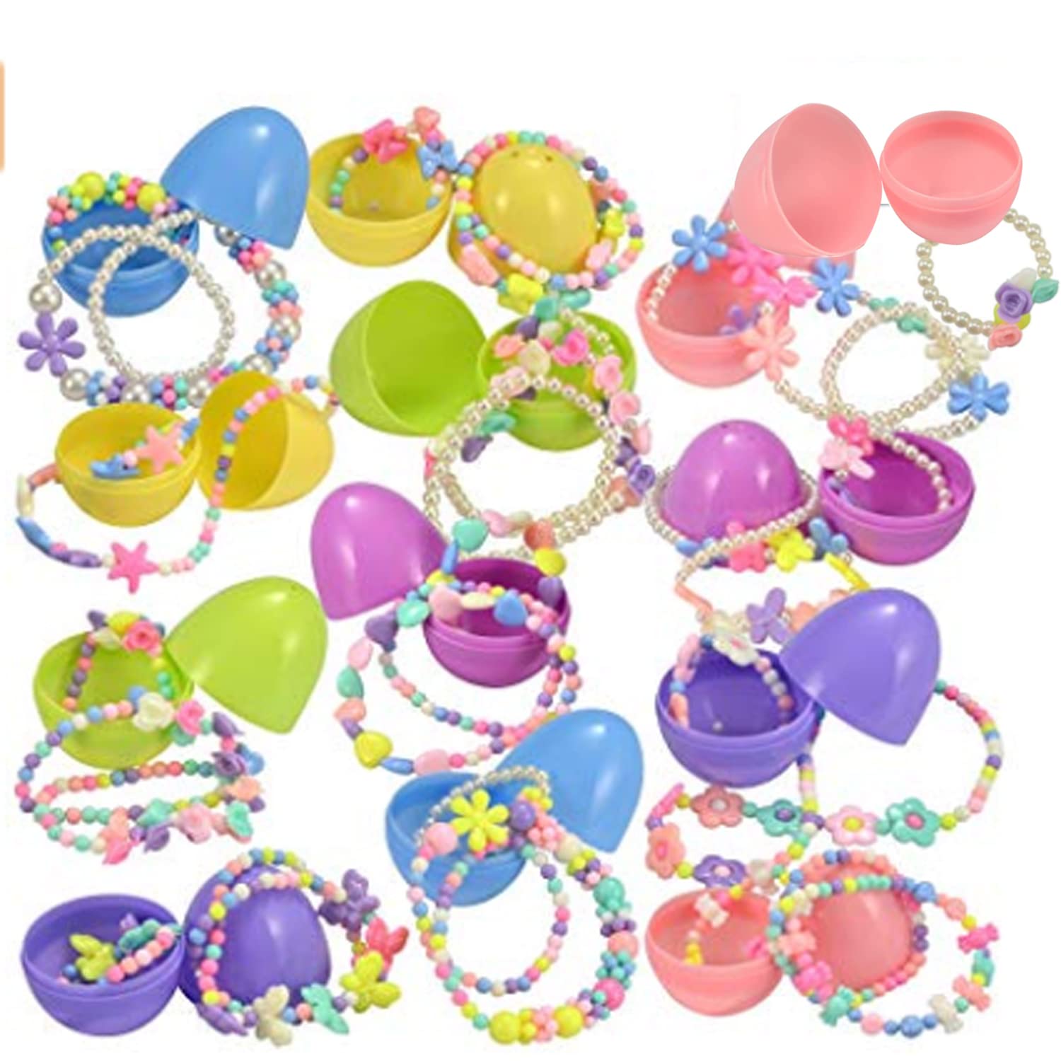12 Pre-Filled Easter Eggs with Necklaces & Bracelets - Girls Jewelry Set for Easter Basket Stuffers - Fun Easter Party Favors & Gift Ideas for Kids