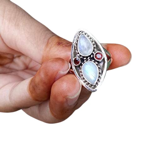 Rainbow Moonstone & Garnet Ring - Handmade 925 Sterling Silver Vintage Boho Jewelry - Engagement, Promise, or Personalized Gift for Her - Perfect for Weddings, Anniversaries & Special Occasions