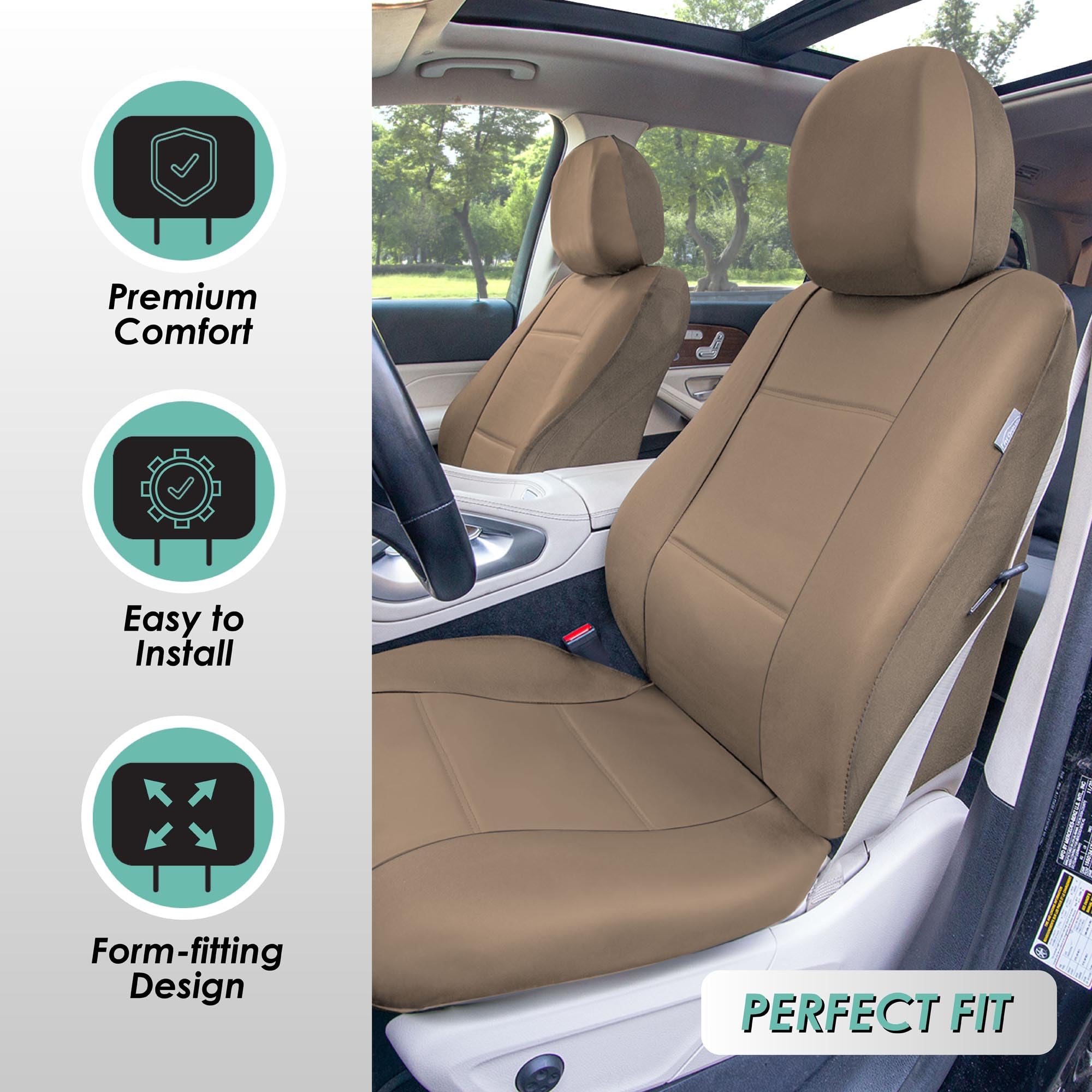 FH Group Classic PU Leather Car Seat Covers Set - Airbag Compatible, Universal Fit for Cars, Trucks & SUVs (Solid Tan) | Premium Protection & Style for Daily Commute, Road Trips & Family Outings