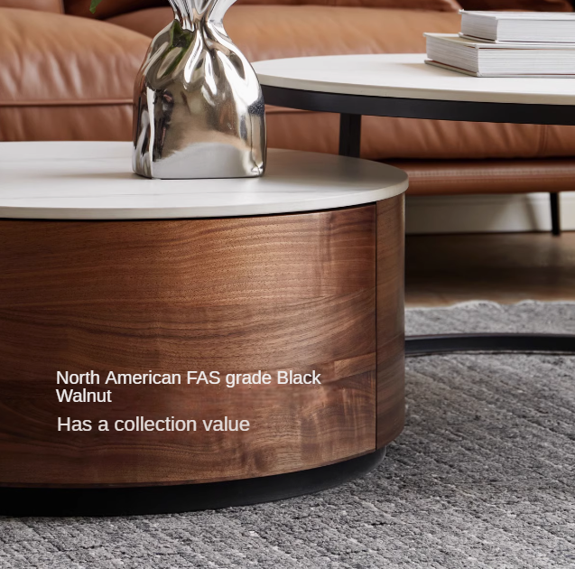 Premium Black Walnut Solid Wood Round Coffee Table - Modern Luxury Rock Plate Design for Living Room, Lounge & Office Decor