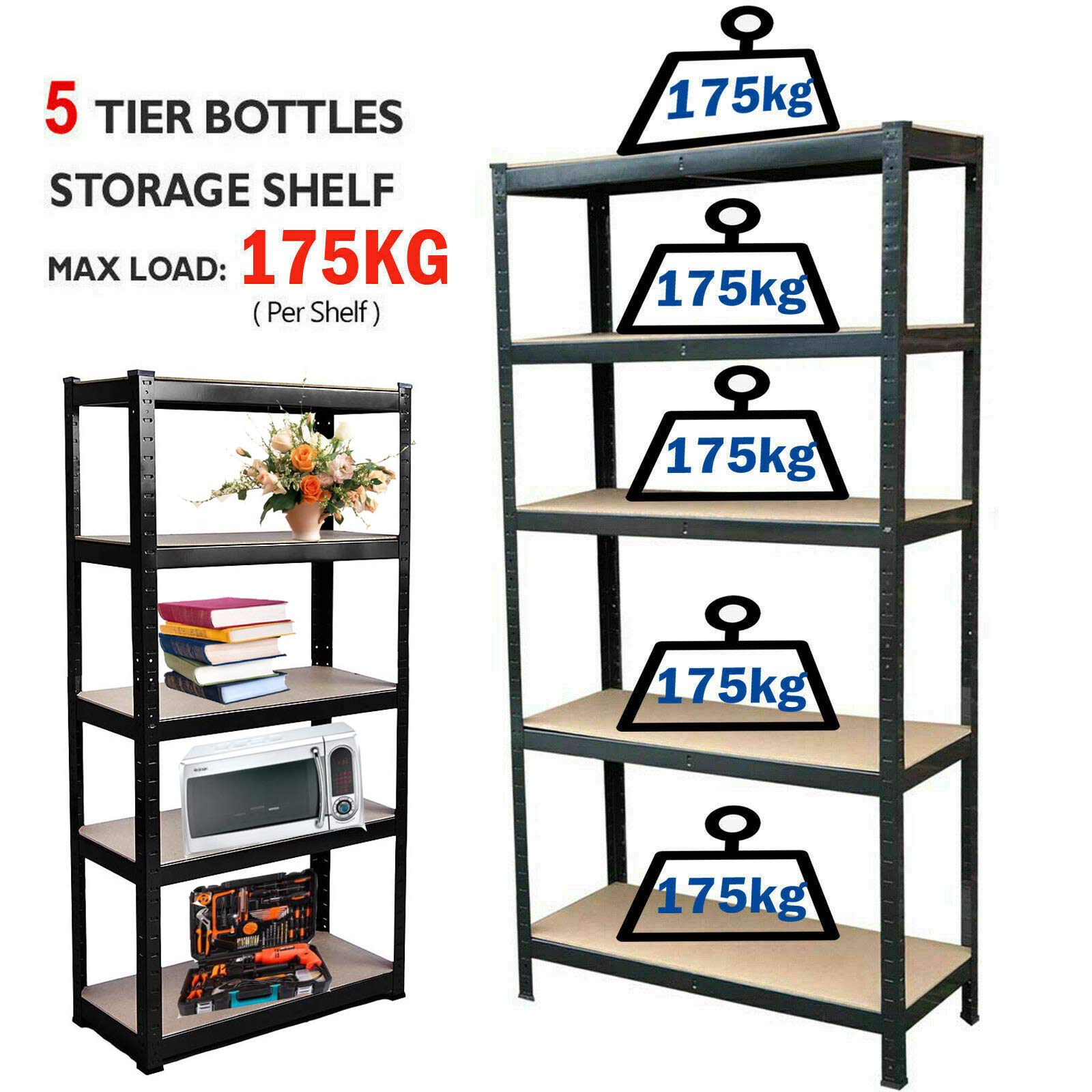 Heavy Duty 5-Tier Storage Shelves - 175KG Capacity Per Shelf, Black (180x90x40cm) - Ideal for Garage, Warehouse, Home, Kitchen & Office Organization