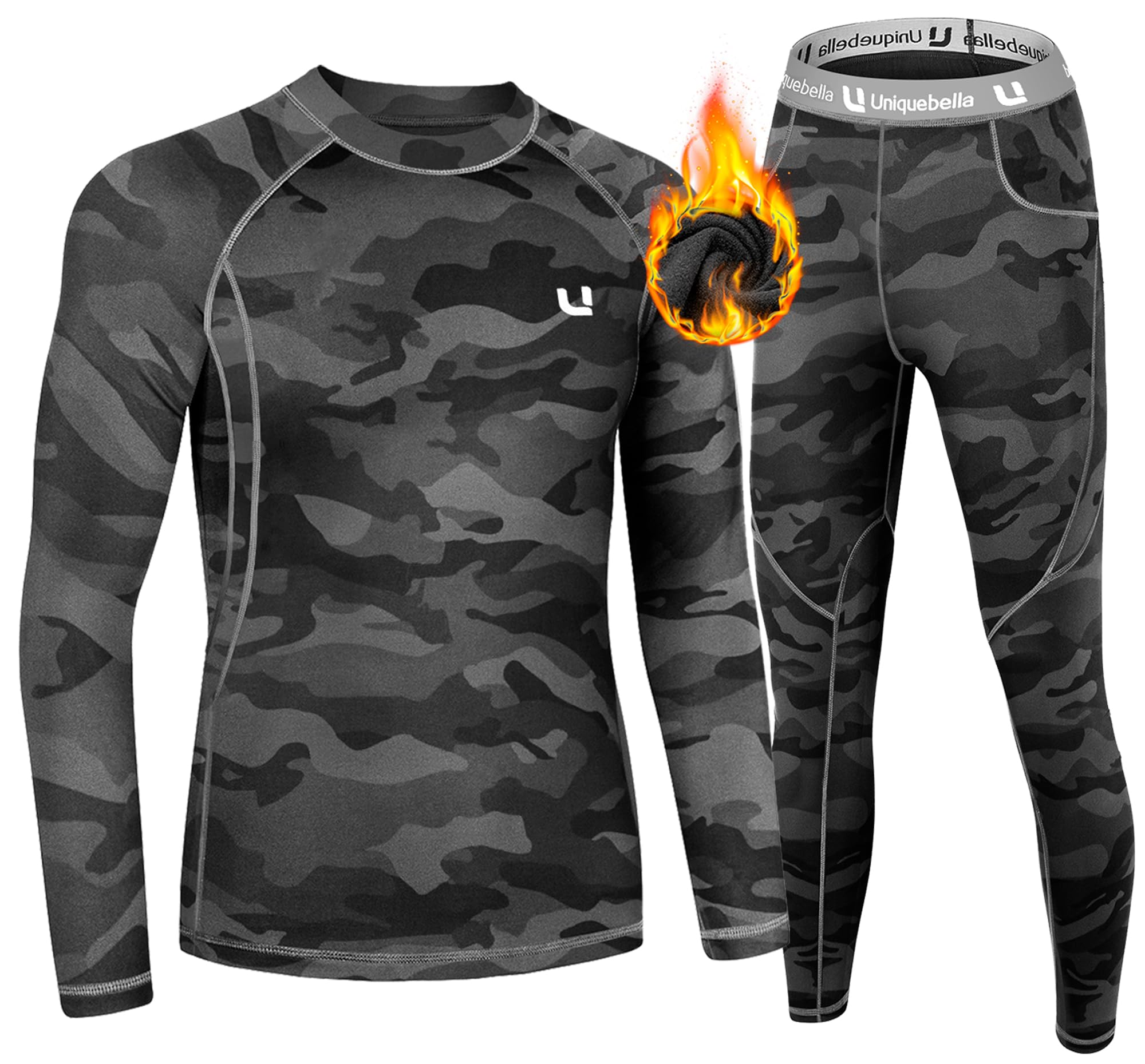 UNIQUEBELLA Men's Thermal Underwear Set - Fleece Lined Top & Bottom Base Layer for Winter, Quick Dry Thermal Underwear for Cold Weather, Outdoor Activities & Work