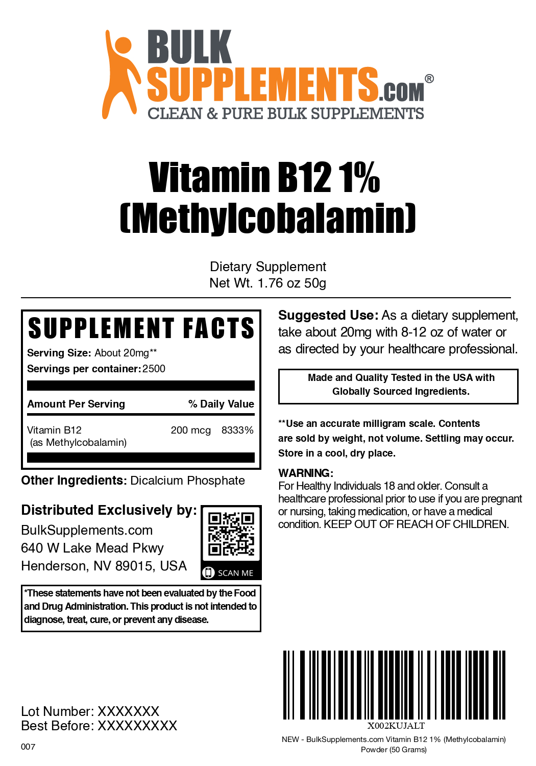 Premium Vitamin B12 1% Methylcobalamin Powder - Pure Energy Boost Supplement for Metabolism & Nerve Support - Ideal for Vegan, Vegetarian & Active Lifestyles