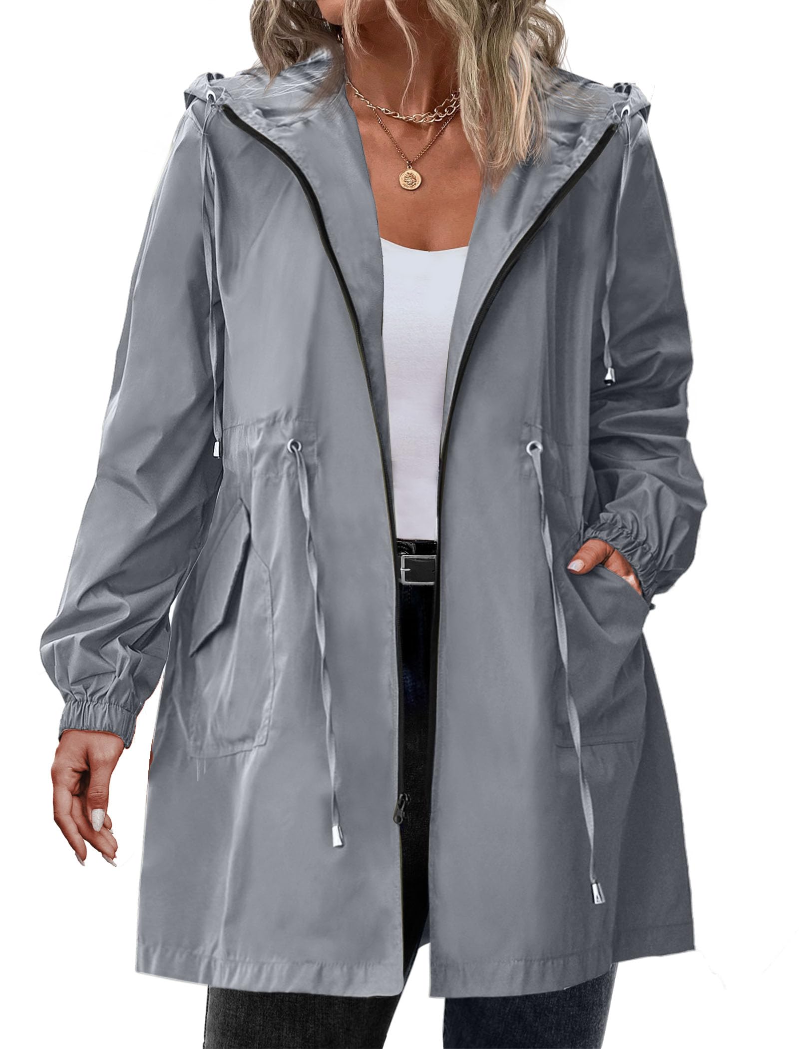 IN'VOLAND Women's Plus Size Lightweight Waterproof Rain Jacket with Hood & Pockets - Long Windbreaker Raincoat for Outdoor Activities, Commuting & Travel
