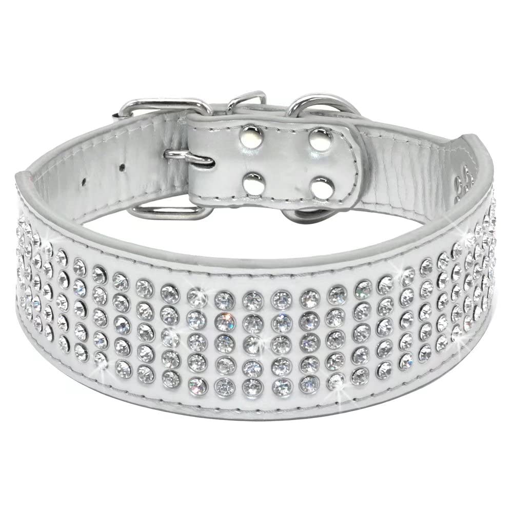 Sparkling Rhinestone Dog Collar - 2 Inch Wide PU Leather with 5 Rows of Crystal Studs for Medium & Large Dogs (19-22