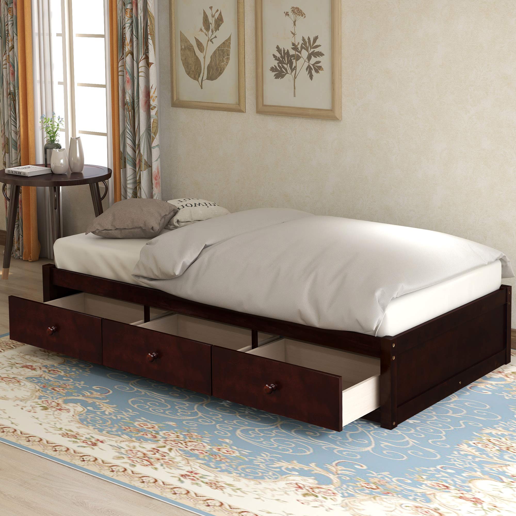 P PURLOVE Twin Size Bed Frame with 3 Storage Drawers, Sturdy Wooden Platform Bed with Slats - No Box Spring Needed, Space-Saving Storage Solution for Small Bedrooms, Dorms & Apartments