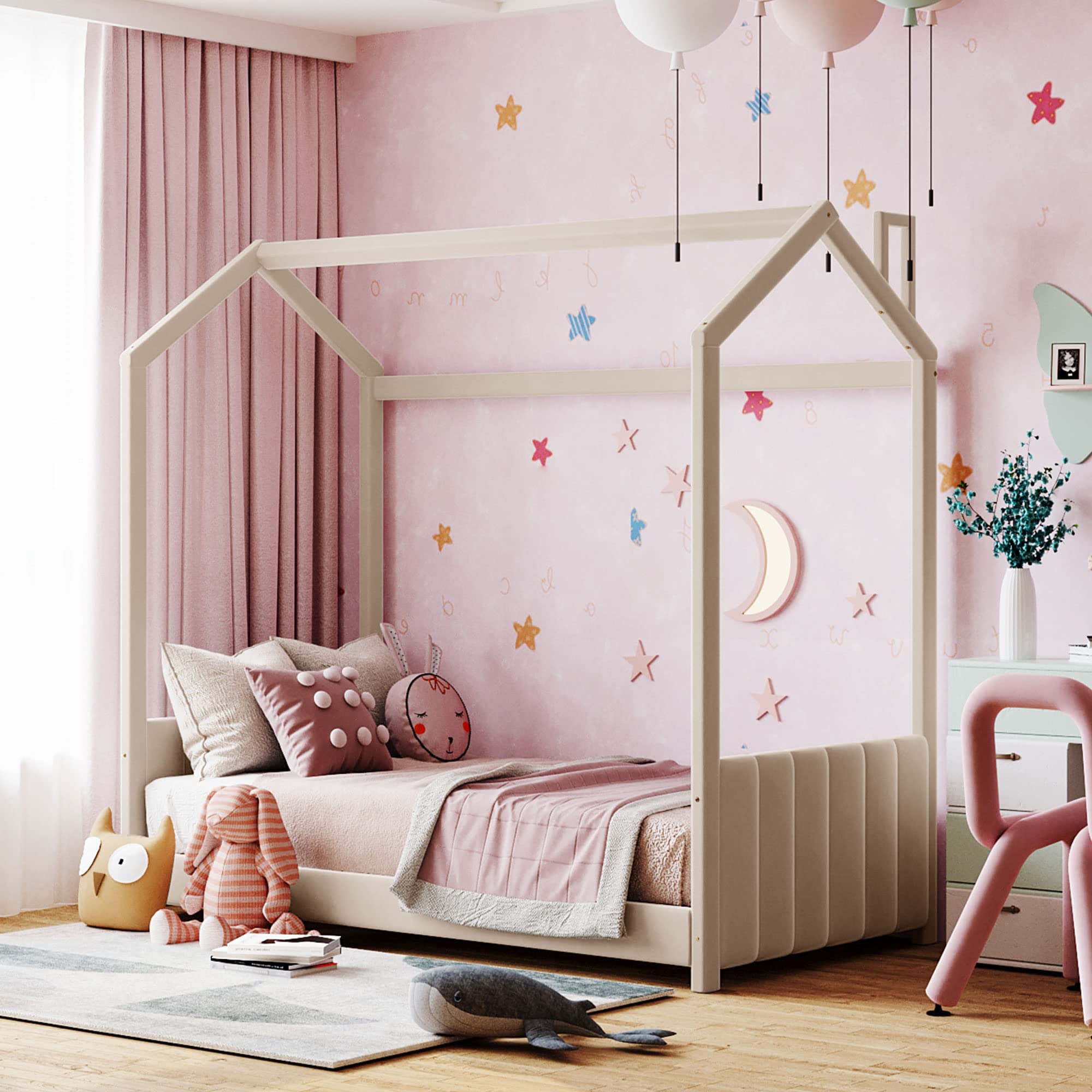 P PURLOVE Twin Size Velvet House Bed Frame - Wooden Montessori Kids Bed with Roof, Headboard & Footboard | Playhouse Floor Bed for Toddlers, Girls, Boys & Teens | Perfect for Bedrooms, Playrooms & Montessori Learning Spaces