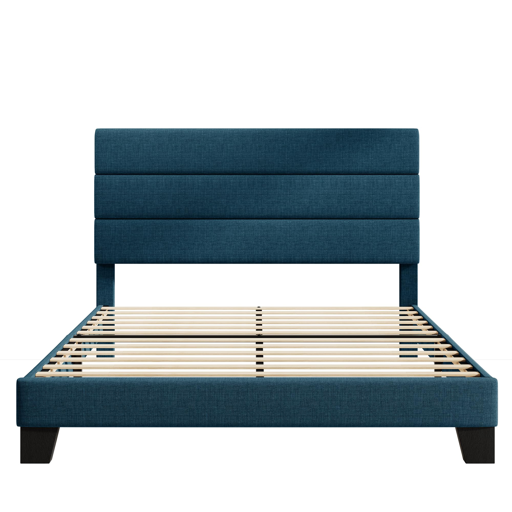HOOMIC Queen Size Bed Frame with Upholstered Headboard & Wood Slat Support - No Box Spring Needed, Navy Blue Fabric Platform Bed - Perfect for Master Bedroom, Guest Room & Small Spaces