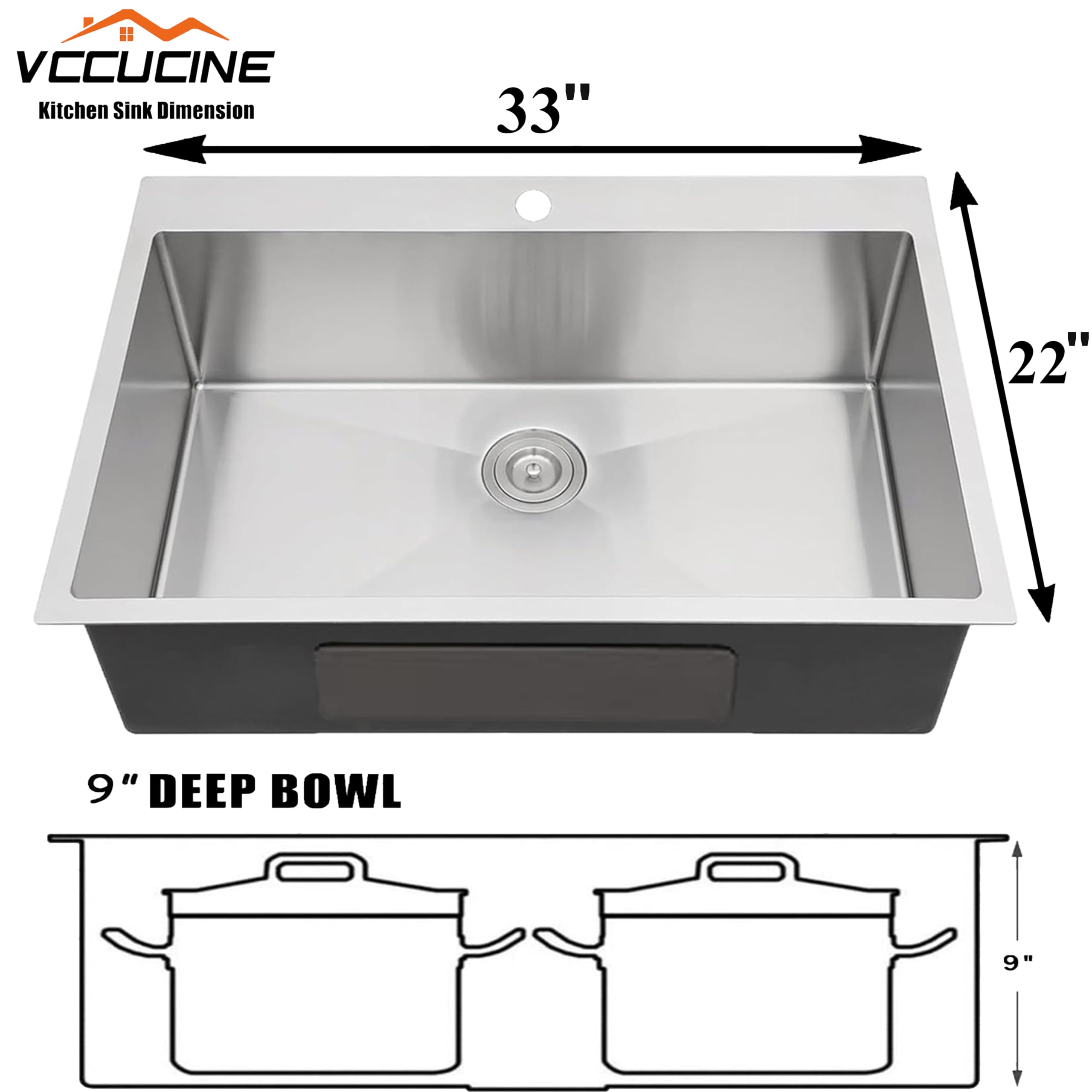 33x22 Inch Drop-in Stainless Steel Kitchen Sink - 16 Gauge Brushed Nickel Single Bowl Topmount Farmhouse Sink with Drain - Perfect for Food Prep, Dishwashing & Laundry Utility Areas