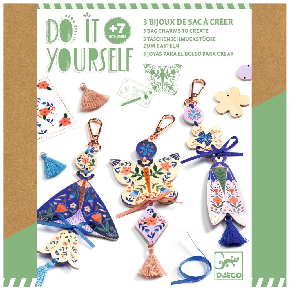 DIY Butterfly Charms Kit - Create 3 Beautiful Bag Charms | Perfect for Jewelry Making, Gift Giving & Craft Projects | Djeco Art & Craft Supplies