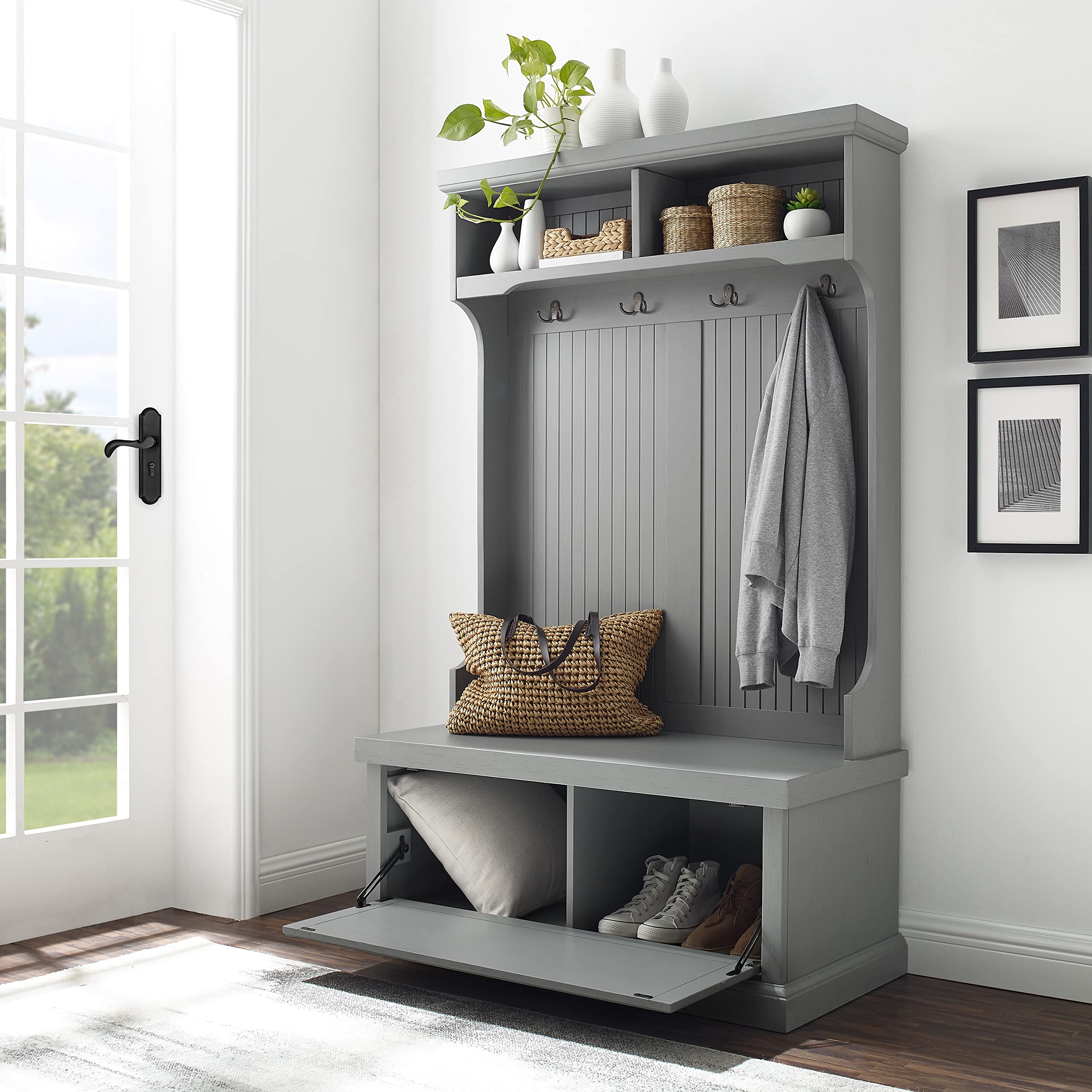 Crosley Furniture Seaside Hall Tree with Shoe Rack Bench & Coat Hooks - Entryway Storage Organizer in Distressed Gray - Perfect for Mudrooms, Foyers & Small Spaces