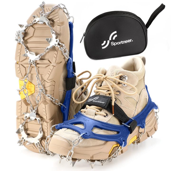 Sportneer 19-Spike Anti-Slip Crampons for Hiking Boots & Shoes - Stainless Steel Ice Cleats for Men & Women - Perfect for Hiking, Fishing, and Winter Walking on Snow & Ice