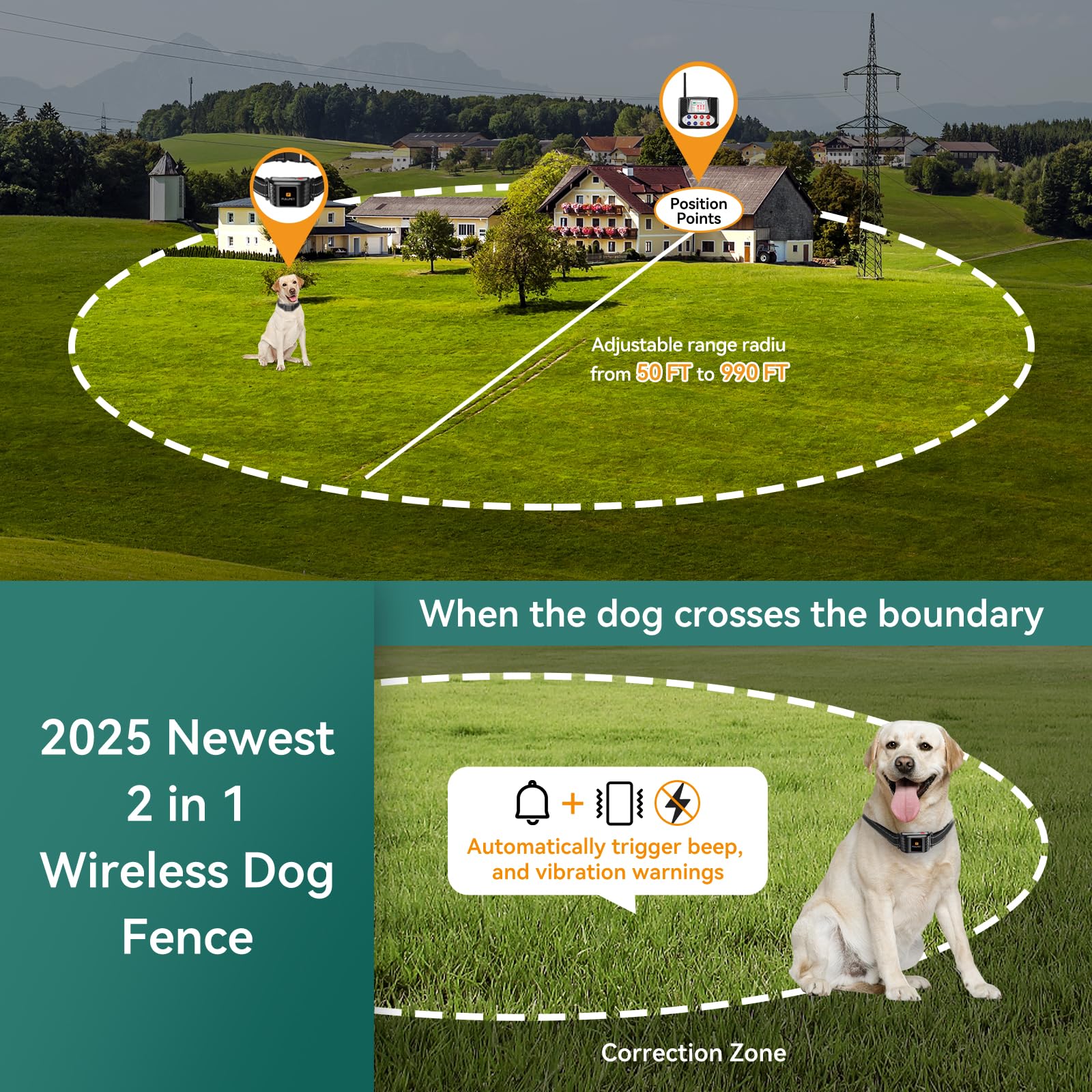 **2-in-1 Wireless Dog Fence System with Remote Training Collar – Electric Fence for Dogs, IPX6 Waterproof, Outdoor Yard Use for Safe Pet Containment & Training**    *(Use Case: Perfect for training and safely containing dogs in yards, gardens, or open outdoor spaces.)*