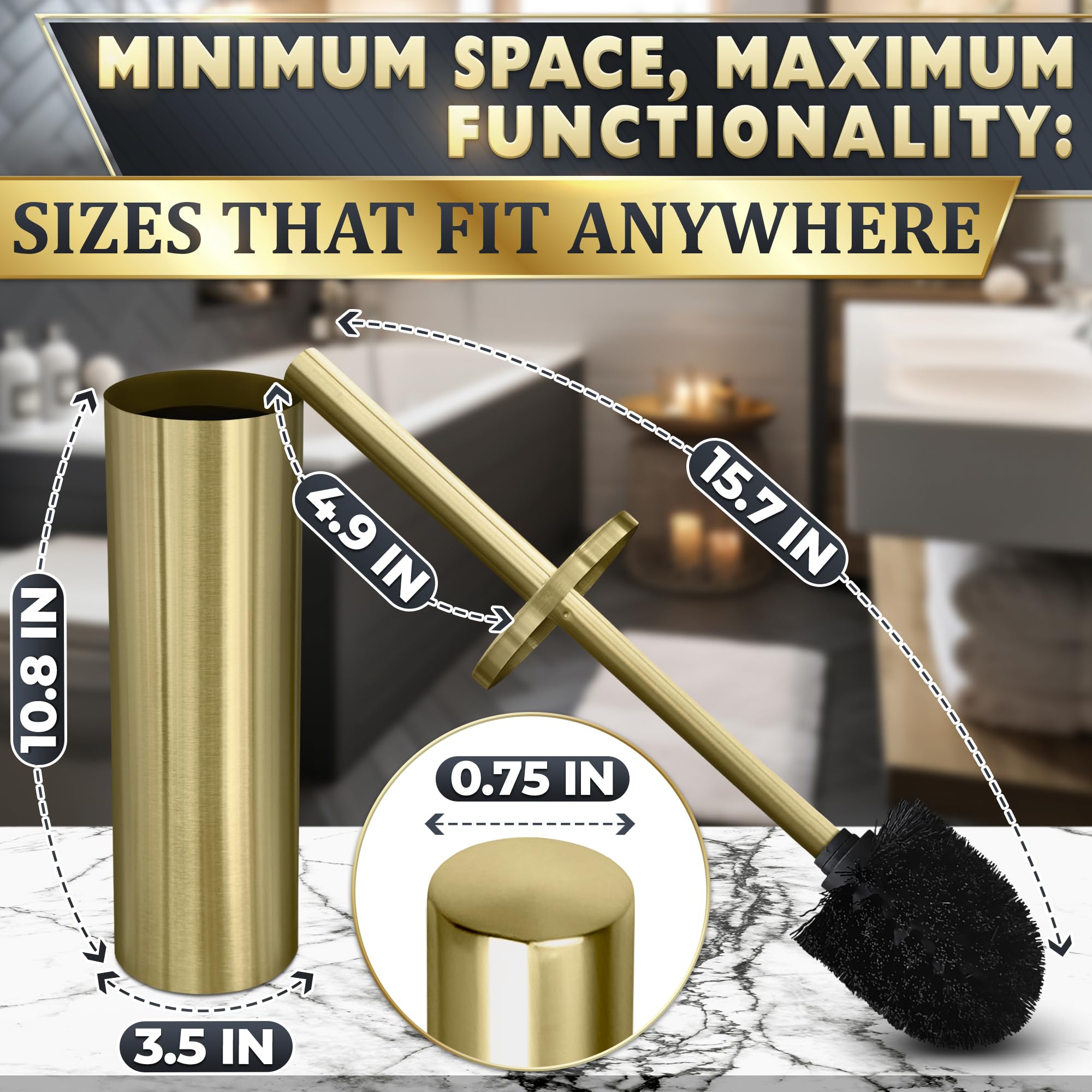 Gold Toilet Brush and Holder Set - Stainless Steel Toilet Bowl Cleaner with Replaceable Head & Splash Guard - Dense Bristles for Deep Cleaning - Perfect for Bathroom, Toilet, and Household Cleaning