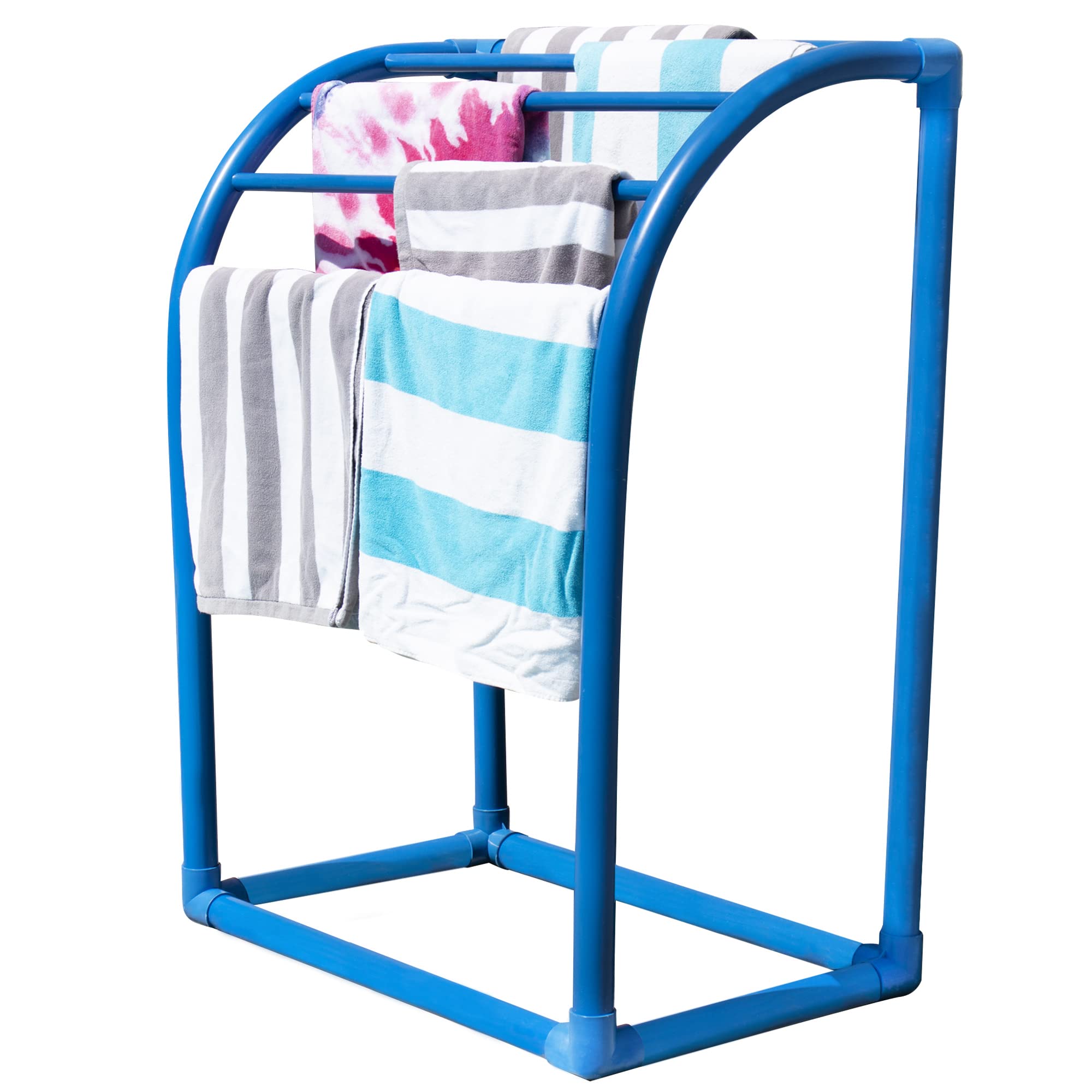 5 Bar Curved Towel Rack - Freestanding Poolside Storage Organizer for Towels, Floats, Paddles & Pool Noodles - Rust-Resistant Bathroom & Outdoor Decor (Blue) - Perfect for Poolside, Bathroom, Spa & Beach House Organization