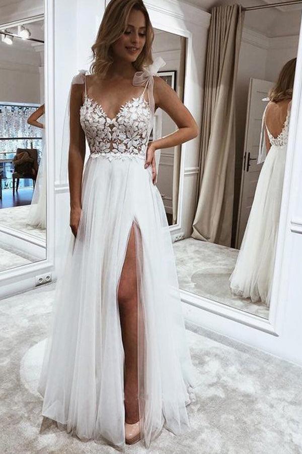 Elegant A-Line V-Neck Straps Tulle Split Wedding Dress with Lace Embroidery - Perfect for Bridal Gowns, Beach Weddings & Romantic Ceremonies (Style TN274)