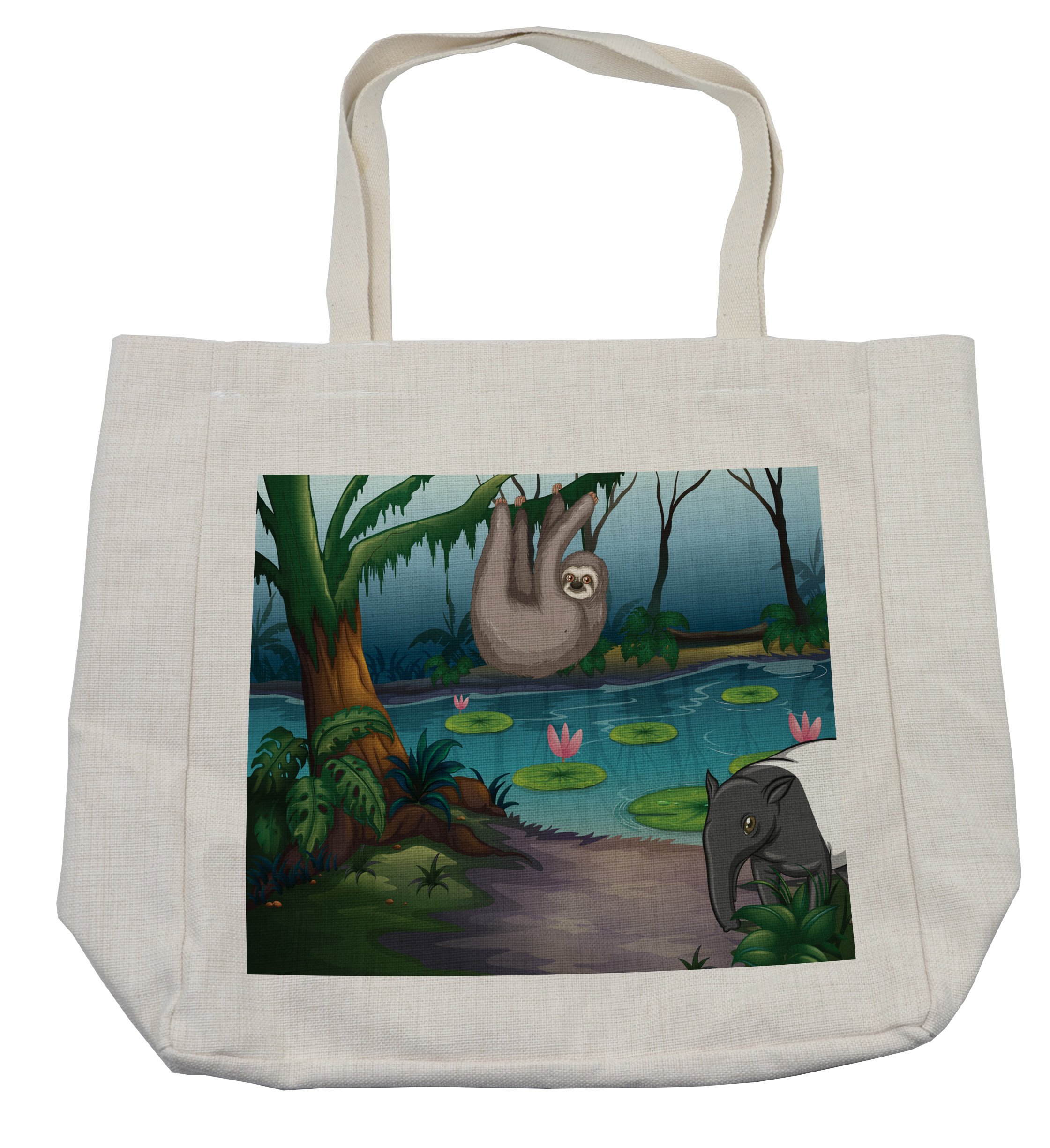 Lunarable Sloth Shopping Bag - Eco-Friendly Reusable Tote with Exotic South American Jungle Sloth & Anteater Pond Illustration - 15.5