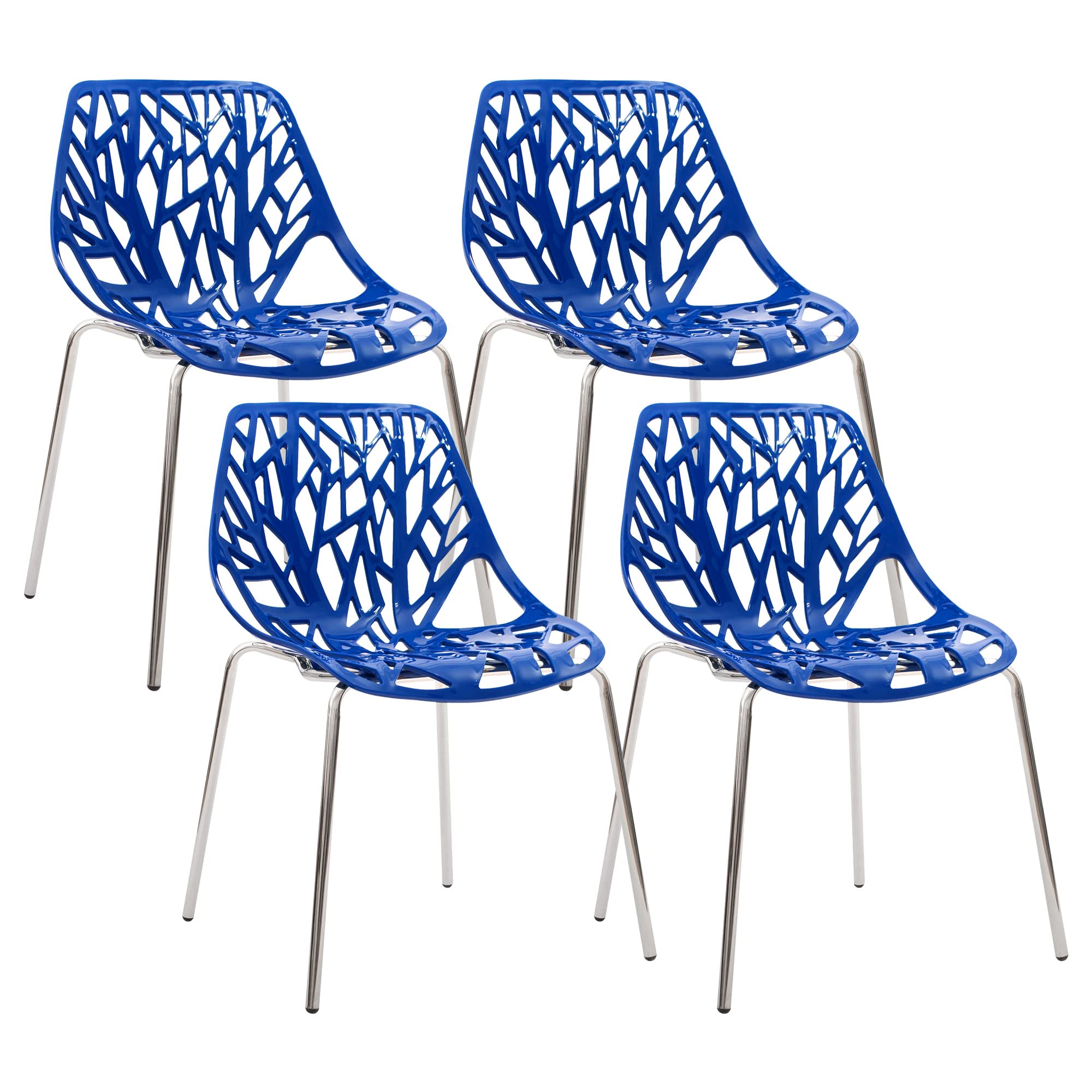 Modern Mid-Century Plastic Shell Hollow Out Chair with Metal Legs - Set of 4 Blue Chairs for Living Room, Bedroom, Kitchen, Dining & Office Waiting Area | Stylish Seating for Home & Commercial Spaces