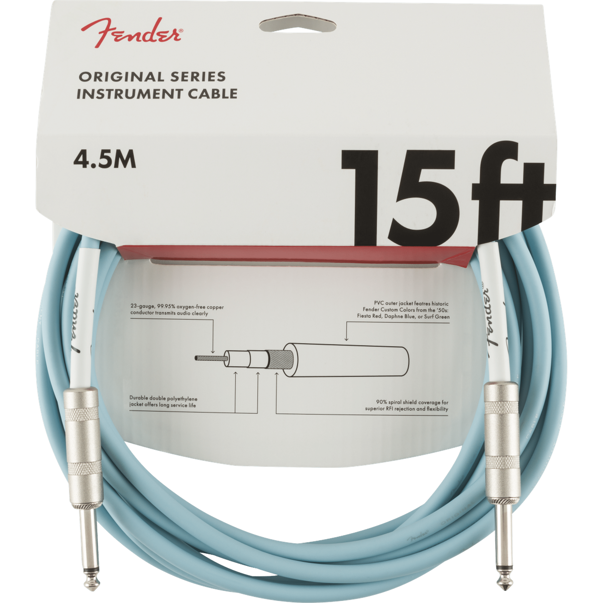 Fender Original Series 15ft Instrument Cable - High-Quality Guitar/Bass Cable for Professional Musicians | Perfect for Live Performances, Studio Recording & Home Practice (Daphne Blue)