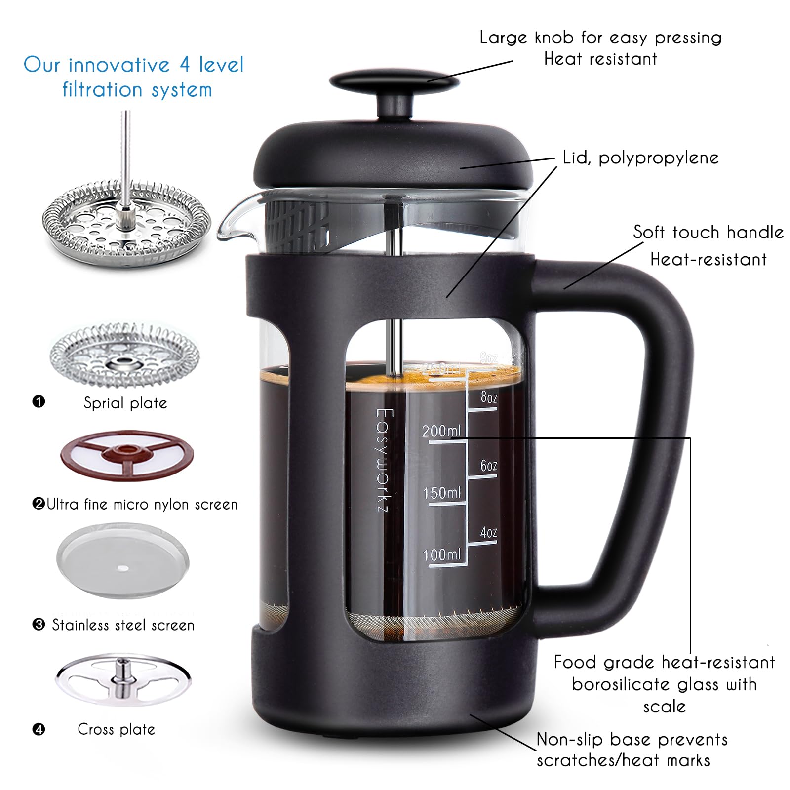 Easyworkz 12 oz French Press Coffee & Tea Maker - Borosilicate Glass, Soft Grip Handle - Perfect for Home, Office & Camping Brewing