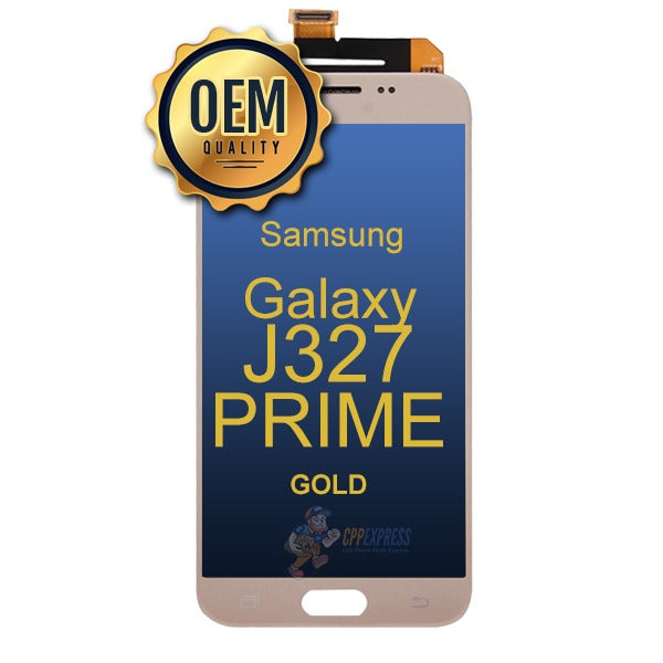 Original Samsung Galaxy J3 Prime J327 2017 LCD Touch Screen Digitizer Assembly - Gold Replacement Part for Cracked/Broken Display - DIY Smartphone Repair Solution