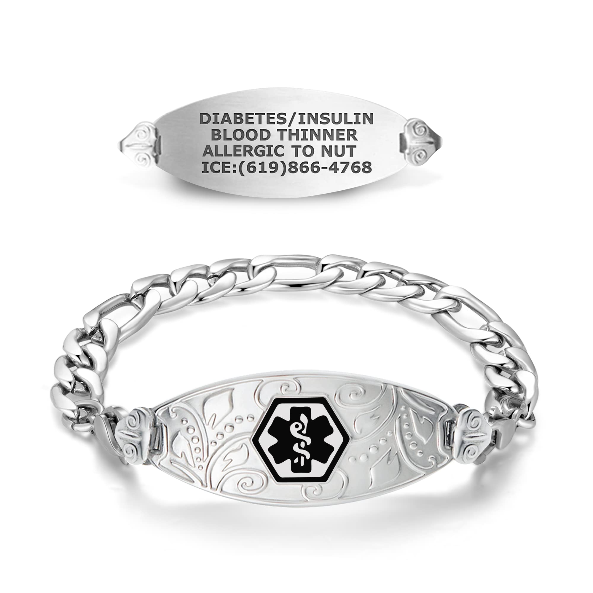 Divoti Custom Engraved Medical Alert Bracelets for Women - Stainless Steel Medical ID Bracelet with Free Engraving - Elegant Filigree Tag & Figaro Chain - Adjustable Sizing - Perfect for Allergies, Diabetes & Emergency Medical Identification