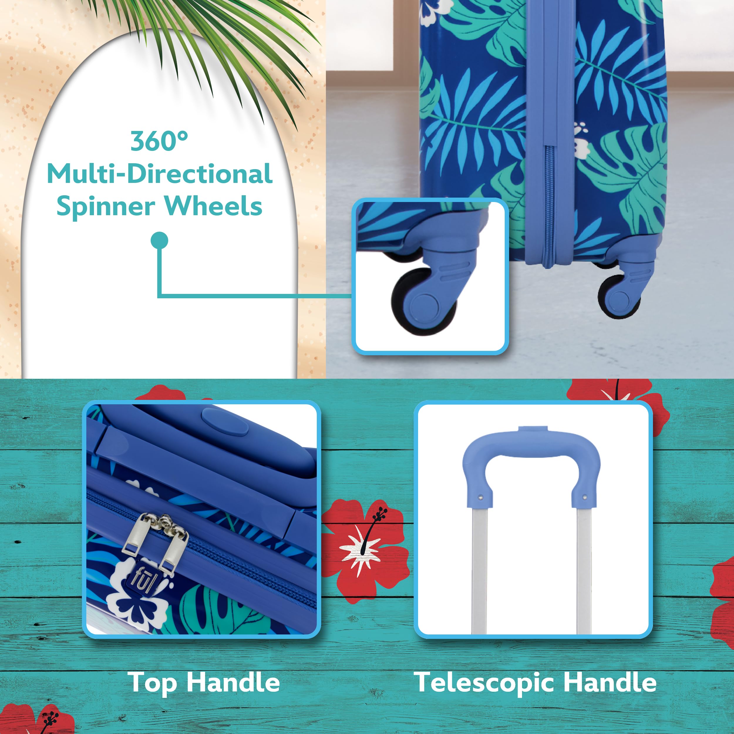 FUL Unisex Kids Disney Stitch 21 Inch Hardshell Carry-On Luggage with 360° Spinner Wheels - Blue Rolling Suitcase for Travel, School Trips & Family Vacations