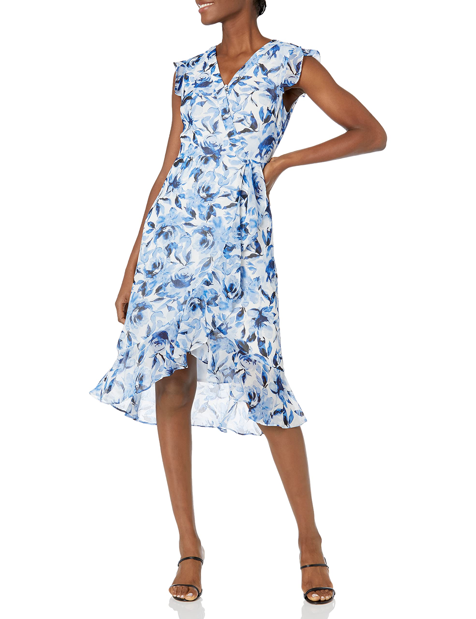 KARL LAGERFELD Women's Flutter Sleeve Midi Faux Wrap Dress - Elegant V-Neck Flowy Summer Dress for Casual Wear, Office & Date Night