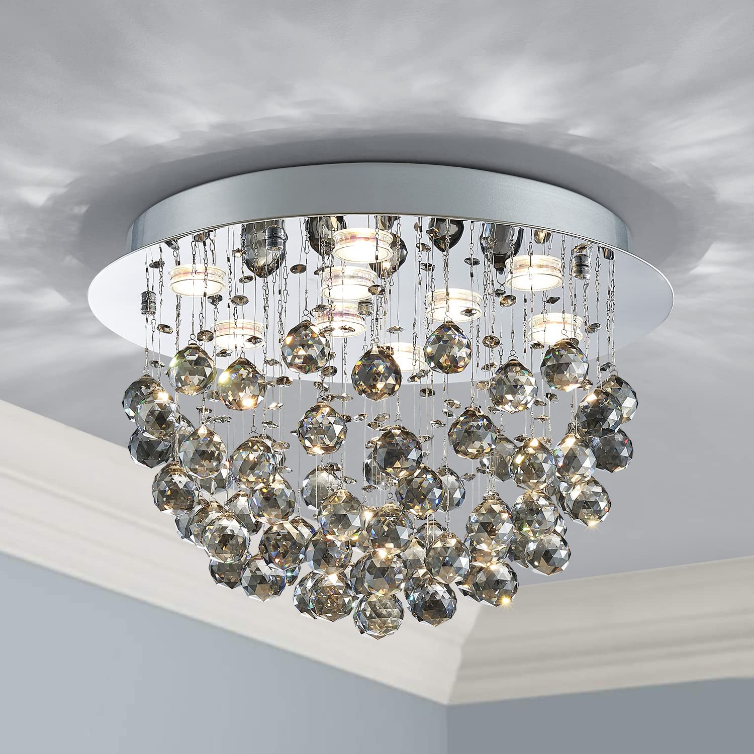 Saint Mossi 9-Lights Modern K9 Crystal Chandelier - Flush Mount Ceiling Light Fixture with Smoky Grey Crystal & Chrome Finish (H13 x D20) - Elegant Lighting for Bedroom, Dining Room, Living Room, Entryway and Foyer Decor