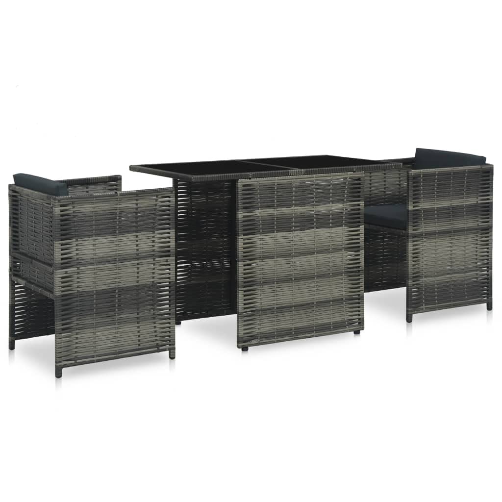 vidaXL 3-Piece Bistro Set - Waterproof Poly Rattan Outdoor Patio Furniture with Removable Cushions & Glass Tabletop in Gray & Anthracite - Perfect for Garden, Balcony, and Backyard Relaxation