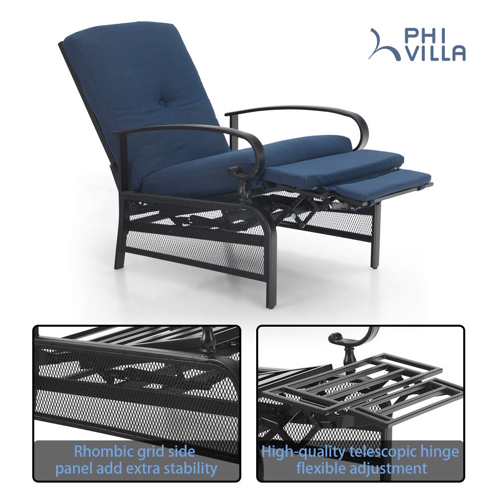 PHI VILLA Outdoor Recliner Chairs Set of 2 - Oversized Patio Lounge Chairs with Removable Blue Cushion, Zero Gravity Metal Chaise for Garden, Poolside, Deck - Perfect for Relaxing, Sunbathing and Outdoor Lounging