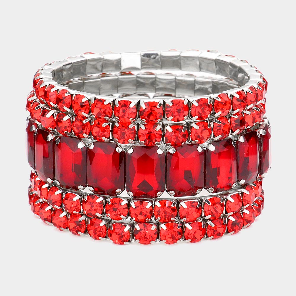 5-Piece Red Stone Stretch Multi-Layered Pageant Bracelets Set - Elegant Prom Jewelry for Women - Perfect for Pageants, Proms, Weddings & Special Occasions