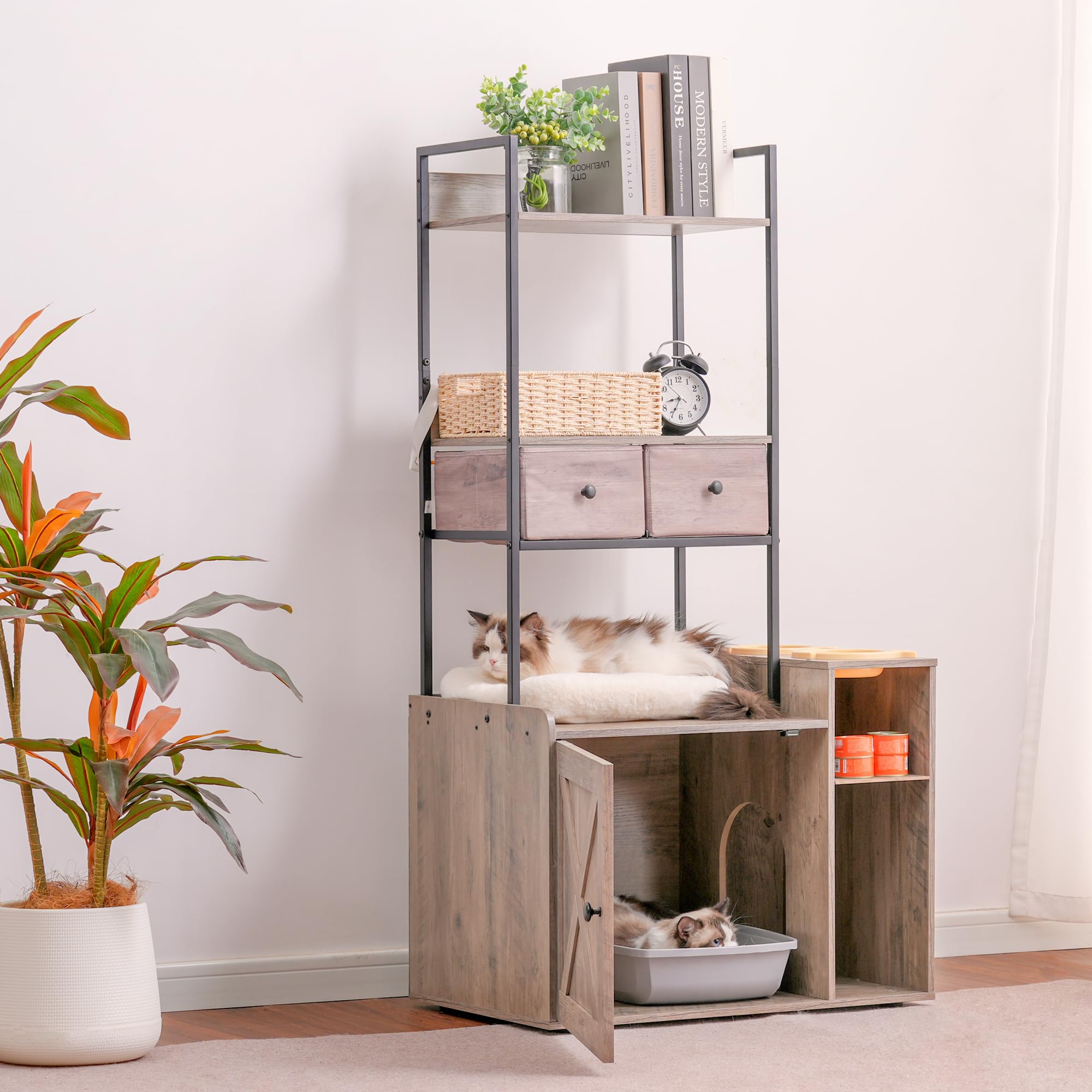 Heybrother Large Cat Litter Box Enclosure Furniture with 2 Storage Shelves & 2 Drawers - Hidden Litter Box Cabinet with Soft Cushion, Fits Most Litter Boxes & Supplies (Rustic Gray) - Perfect for Living Rooms, Bedrooms & Pet-Friendly Homes