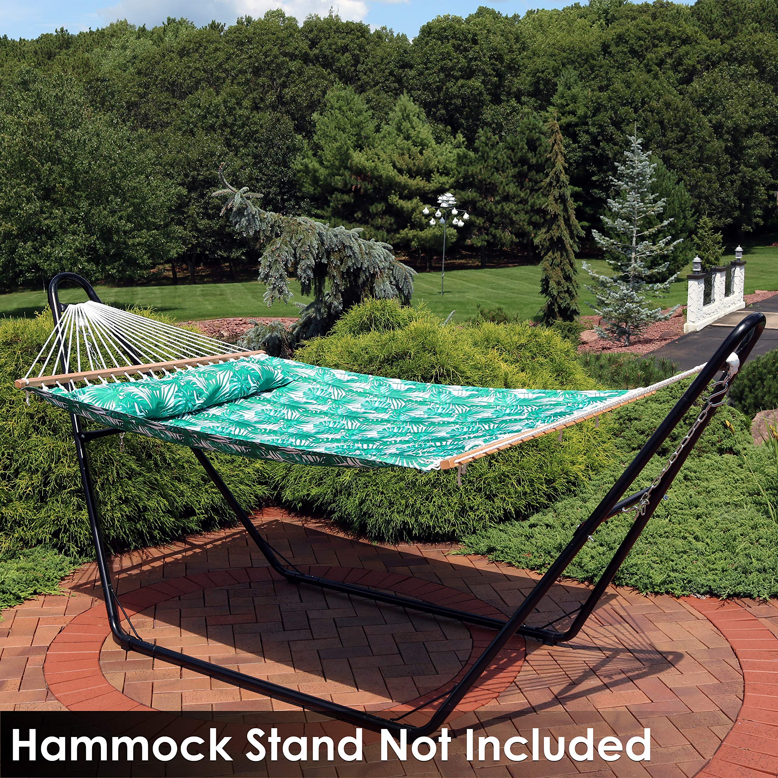 Sunnydaze Quilted Outdoor Hammock with Spreader Bars - Heavy Duty 450 lb Capacity Double Hammock for Patio, Backyard, Camping - Green Palm Leaf Design for Relaxation & Lounging
