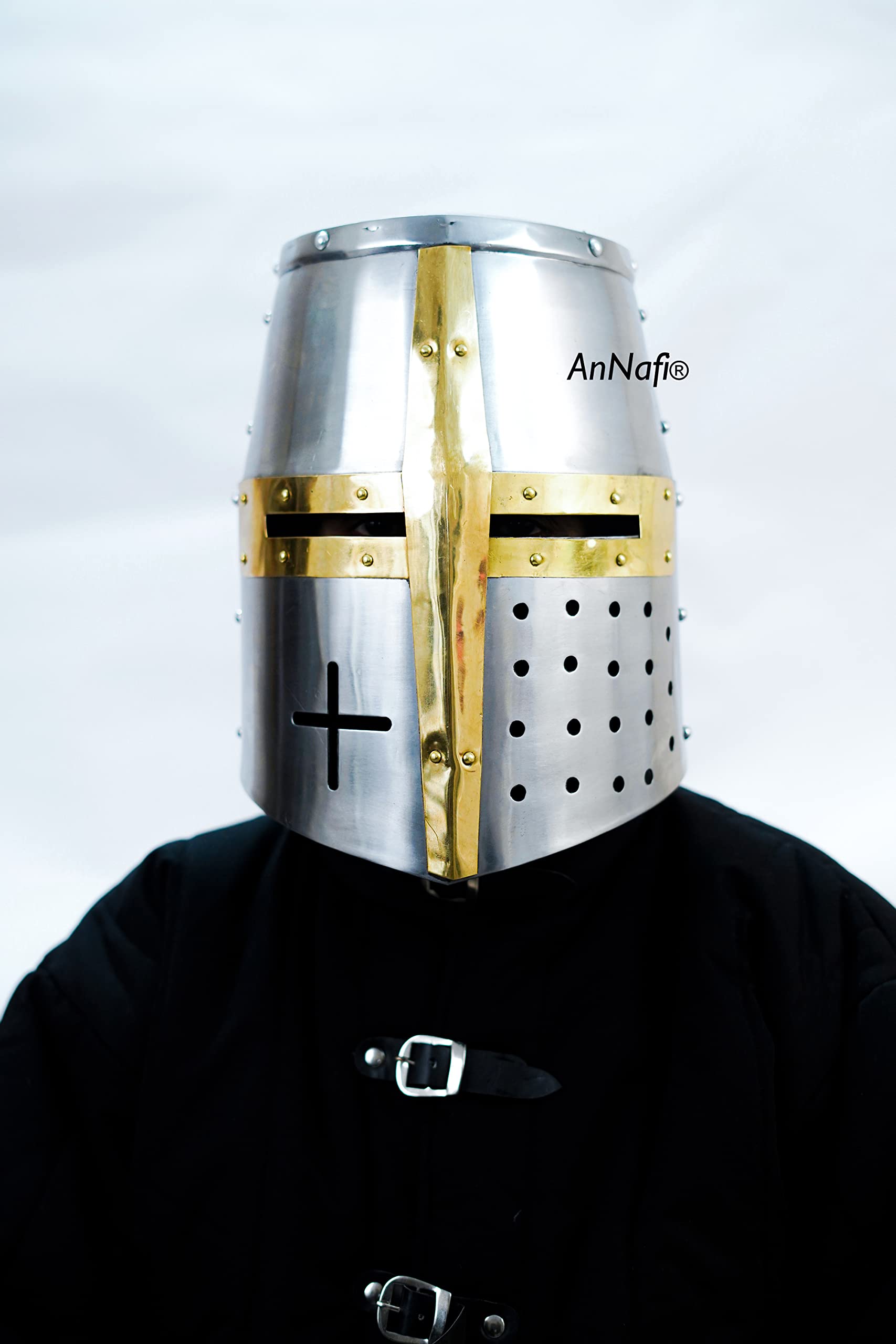 AnNafi® Medieval Templar Crusader Knight Armor Helmet with Wooden Stand - Greek Roman Spartan Armor Replica - Silver & Gold Plated Collectible Helmet for History Enthusiasts, Cosplay, and Home Decor