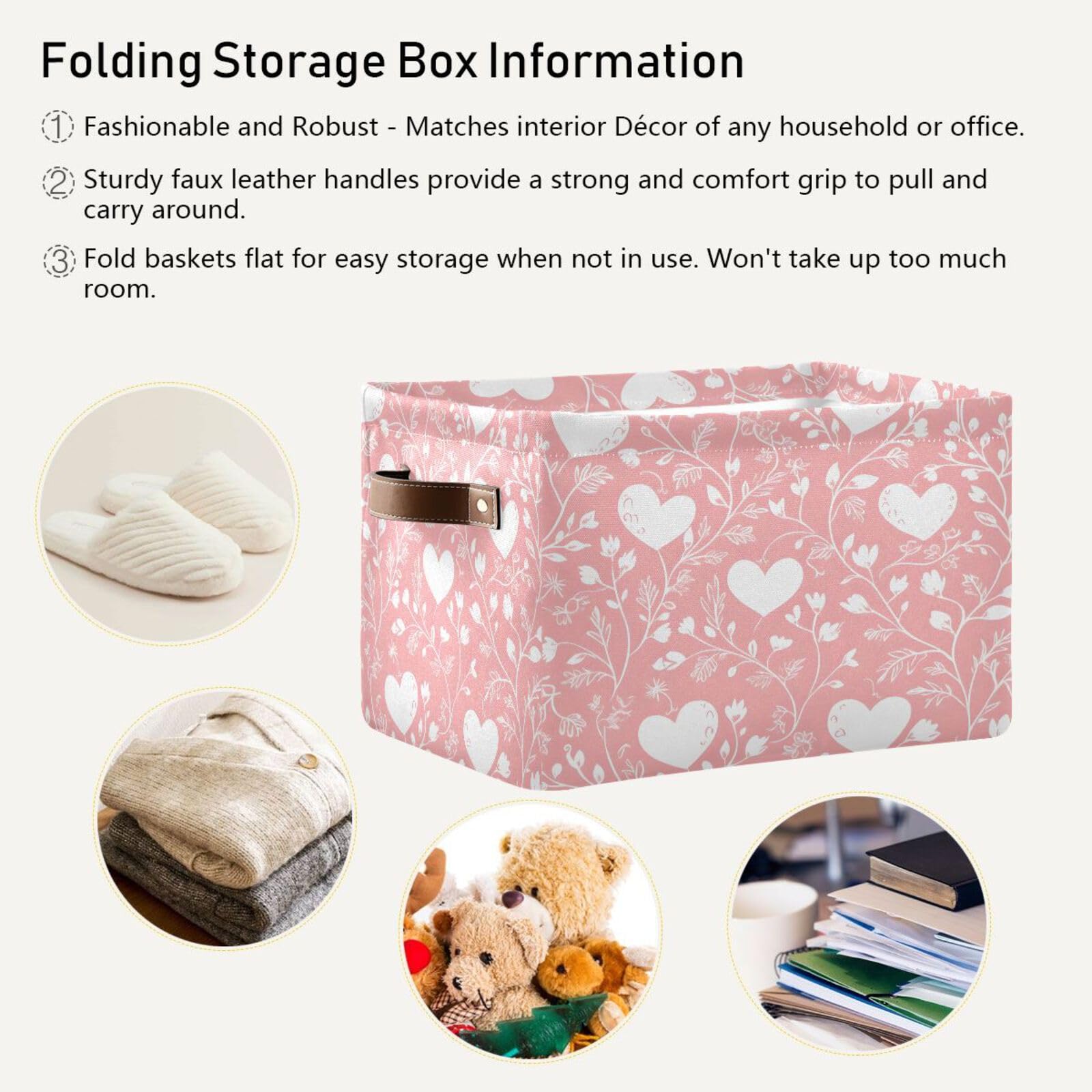Kigai White Hearts Storage Bins for Shelves - Foldable Double Handle Storage Baskets with Metal Frame, Rectangular Closet Organizer Containers for Home & Bedroom - Perfect for Clothes, Toys, and Home Organization