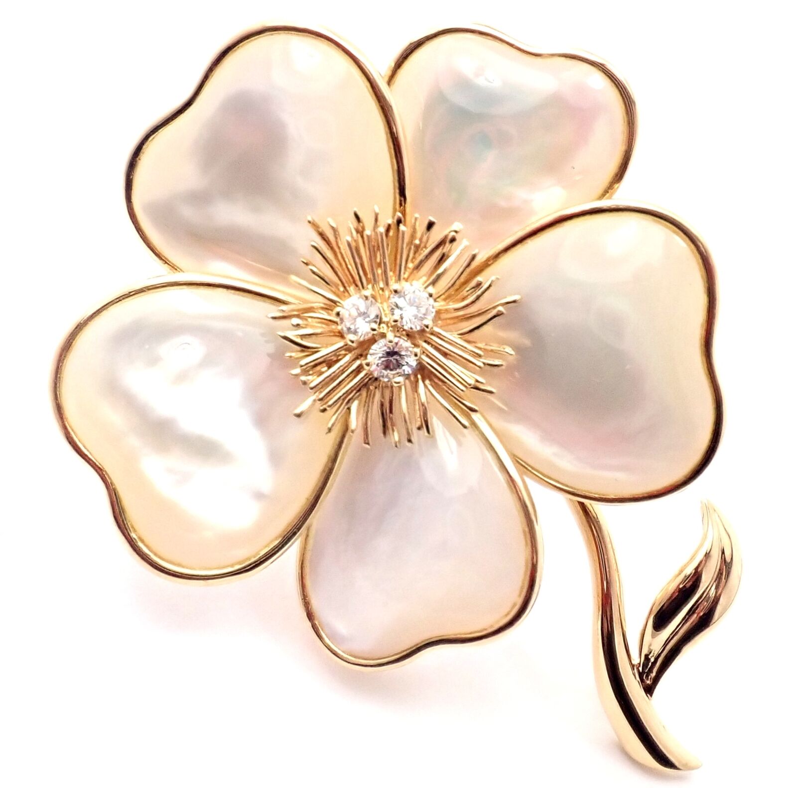 Van Cleef & Arpels Clématite 18k Yellow Gold Diamond & Mother of Pearl Brooch Pin - Luxury Jewelry Gift for Women, Perfect for Weddings & Special Occasions