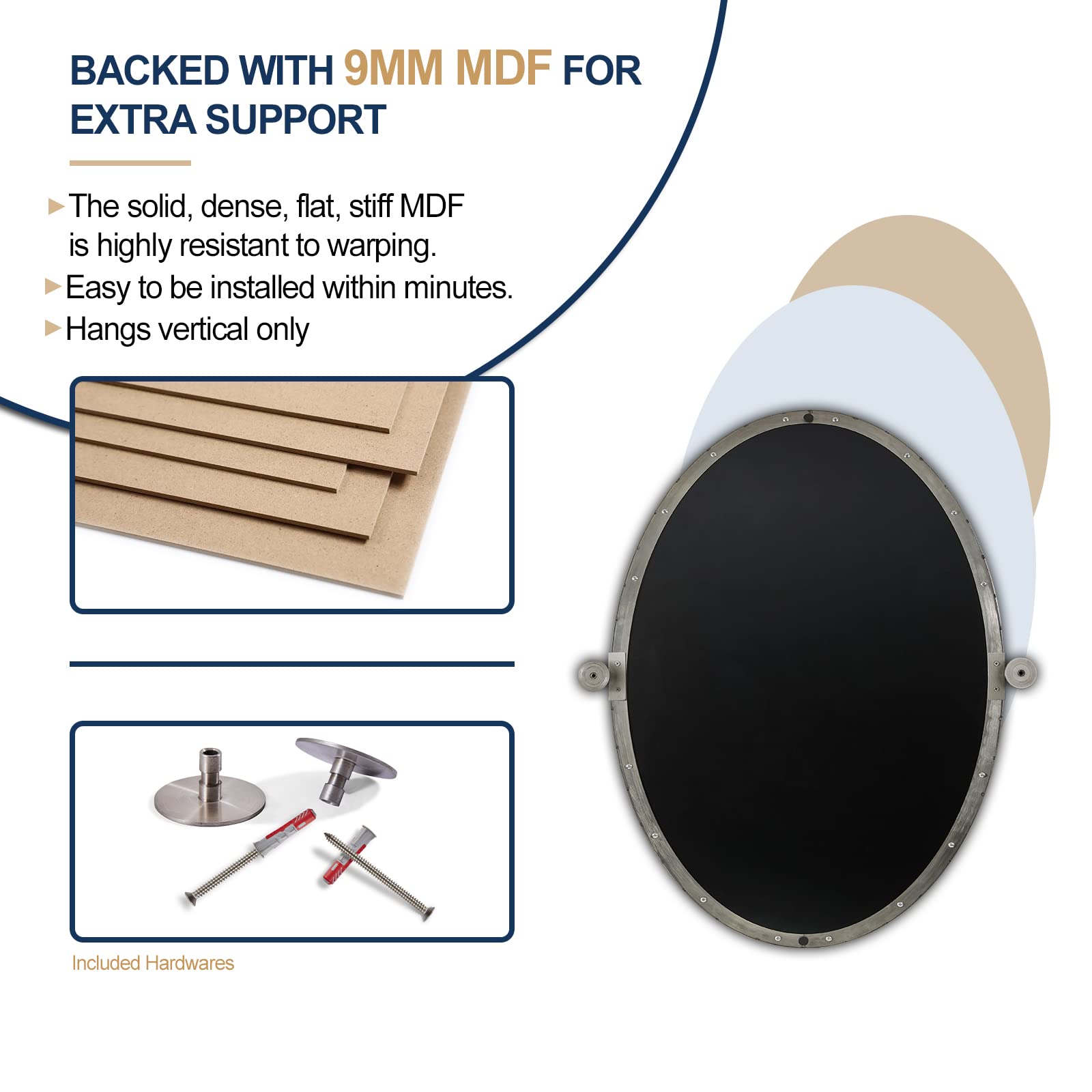 ANDY STAR Brushed Nickel Oval Pivot Bathroom Mirror - Stainless Steel Metal Frame Tilting Vanity Wall Mirror for Vertical or Horizontal Hanging - Perfect for Bathrooms, Bedrooms, and Dressing Areas