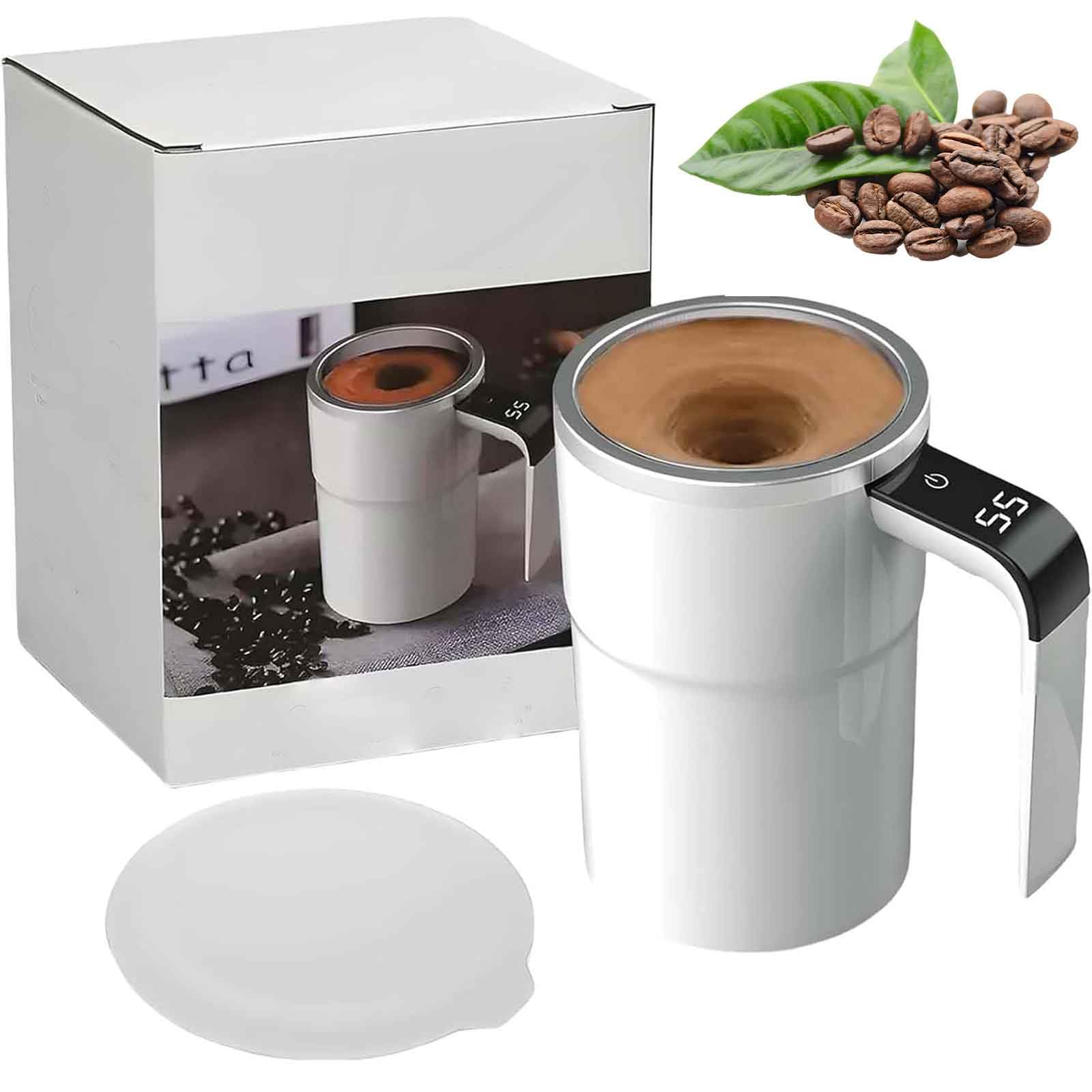 2025 New Electric Magnetic Self Stirring Coffee Mug with Lid & Digital Display - Rechargeable Automatic Stirring Mug for Coffee, Tea, Hot Chocolate - Perfect for Office, Home, Travel & Gifts (White)