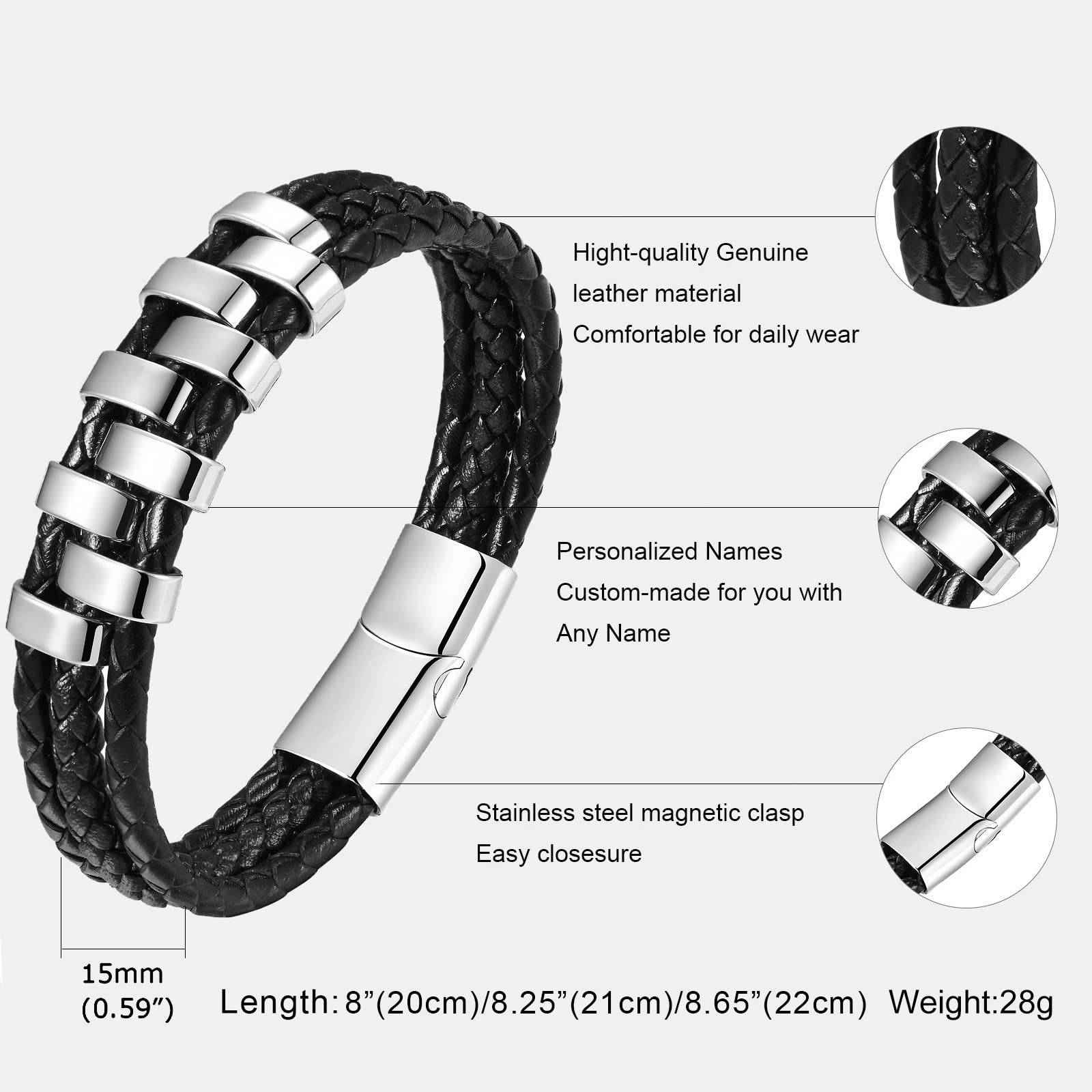 Personalized Leather Bracelets for Men - Custom Engraved Name Beads, Jewelry Box Included | Unique Gifts for Dad, Grandpa, Uncle | Perfect for Father's Day, Christmas, Thanksgiving & Special Occasions | Family, BFF & Couple Bracelets for Meaningful Gifting