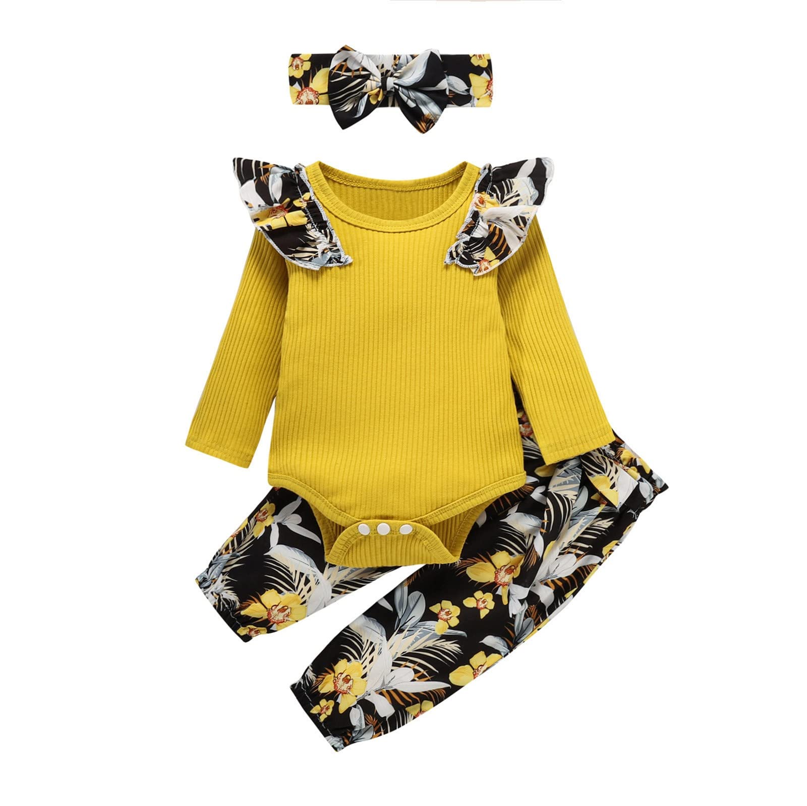 Newborn Baby Girl Outfits - Long Sleeve Rib Romper & Printed Pants Set | Soft Cotton Casual Clothes for Infants | Perfect for Playdates, Photo Shoots & Daily Wear