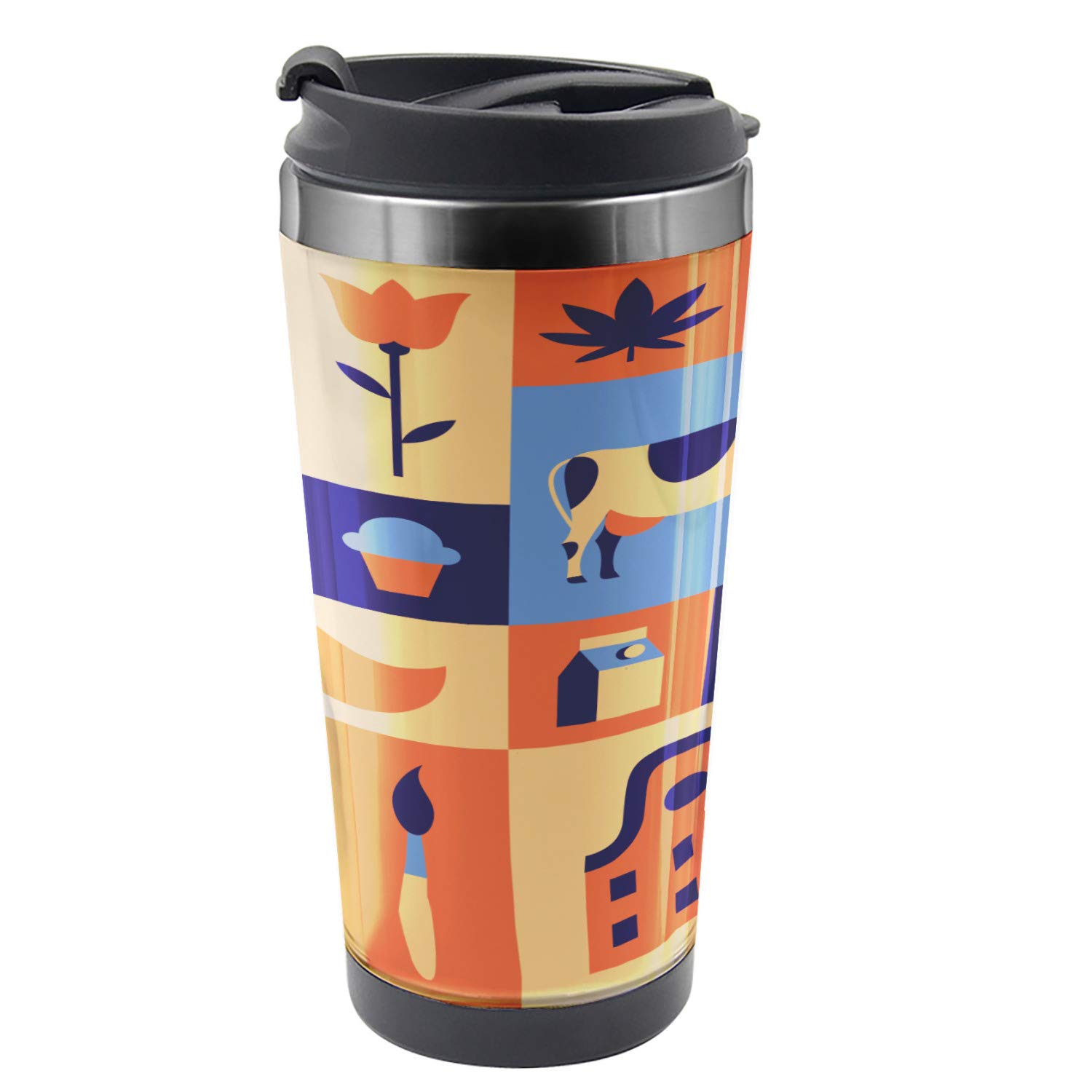 Ambesonne Amsterdam Travel Mug - 16 oz Stainless Steel Thermal Cup with Colorful Squares Design - Perfect for Coffee, Tea & Hot Drinks On The Go