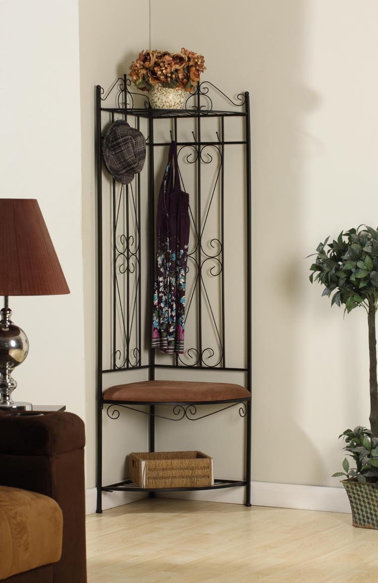 KB Designs 6-Hook Corner Hall Tree with Bench & Shoe Storage - Black/Brown Coat Rack Entryway Organizer for Home, Mudroom & Apartment Entry
