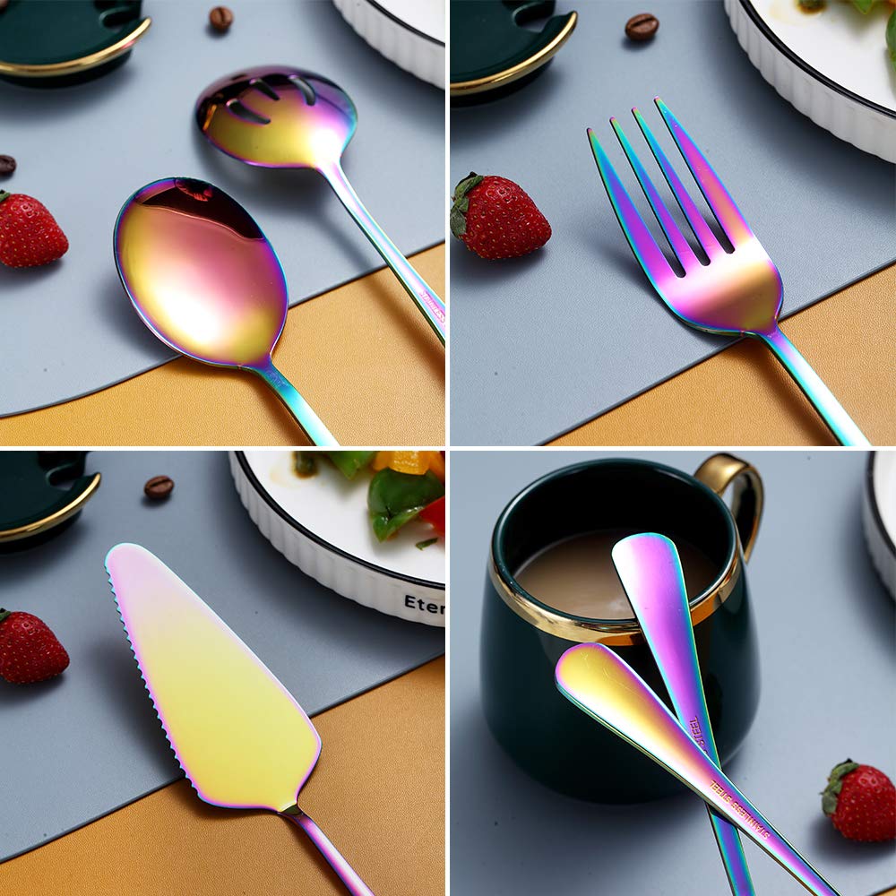 Rainbow 10-Piece Stainless Steel Flatware Set - Includes Slotted Spoon, Cake Server, Fork & Soup Ladle - Perfect for Dinner Parties, Catering & Home Entertaining